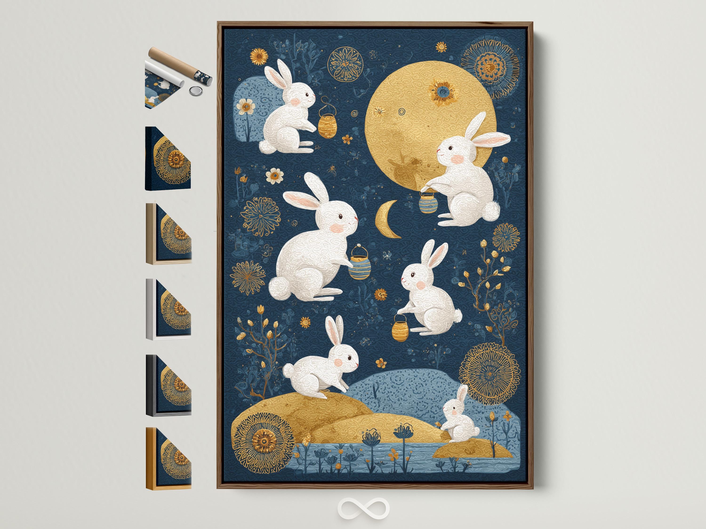 Celestial illustration of white rabbits around a gold moon on a midnight blue background