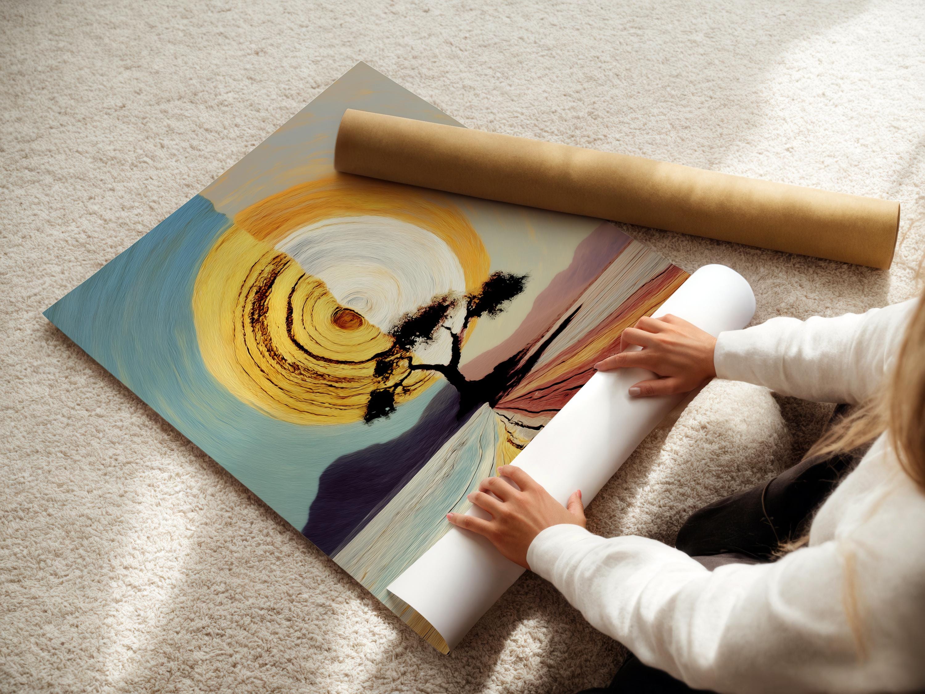Abstract landscape with a golden sun, dark tree silhouette and curved red path bands detail view