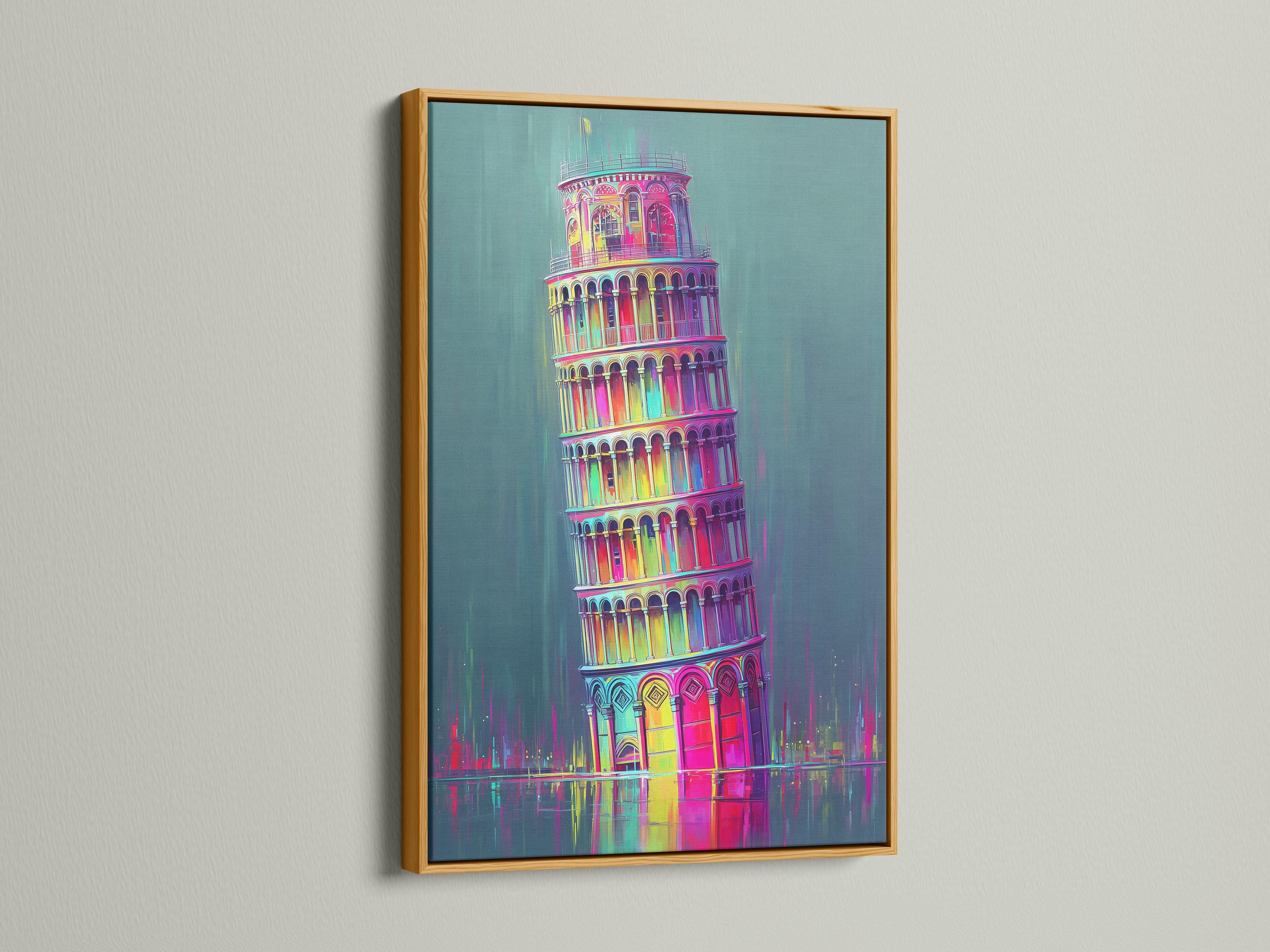 Mockup showing a framed neon rainbow Leaning Tower of Pisa illustration on a wall