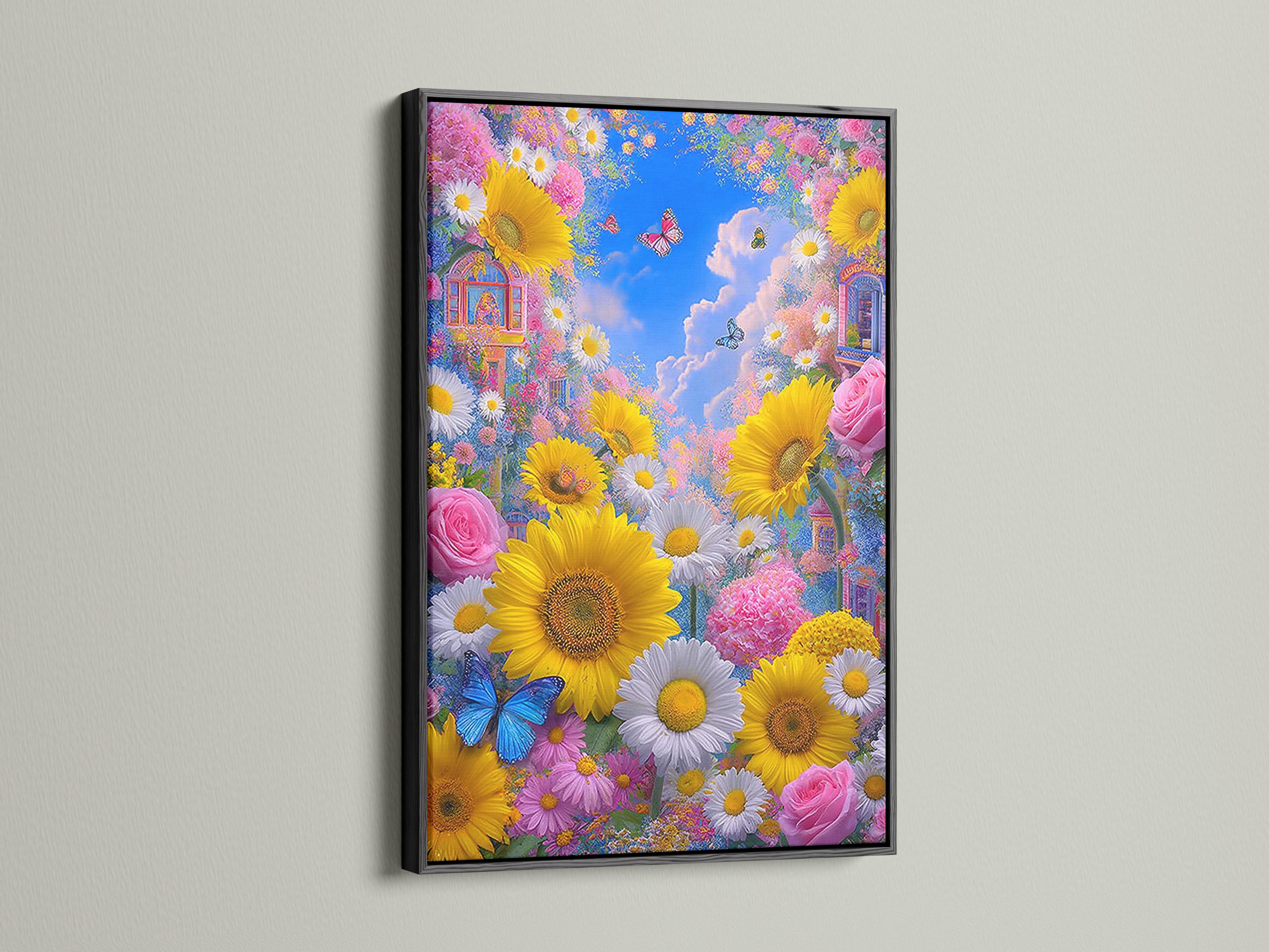 Floral garden scene with sunflowers, daisies, pink roses, blue butterflies and a blue clouded sky detail view
