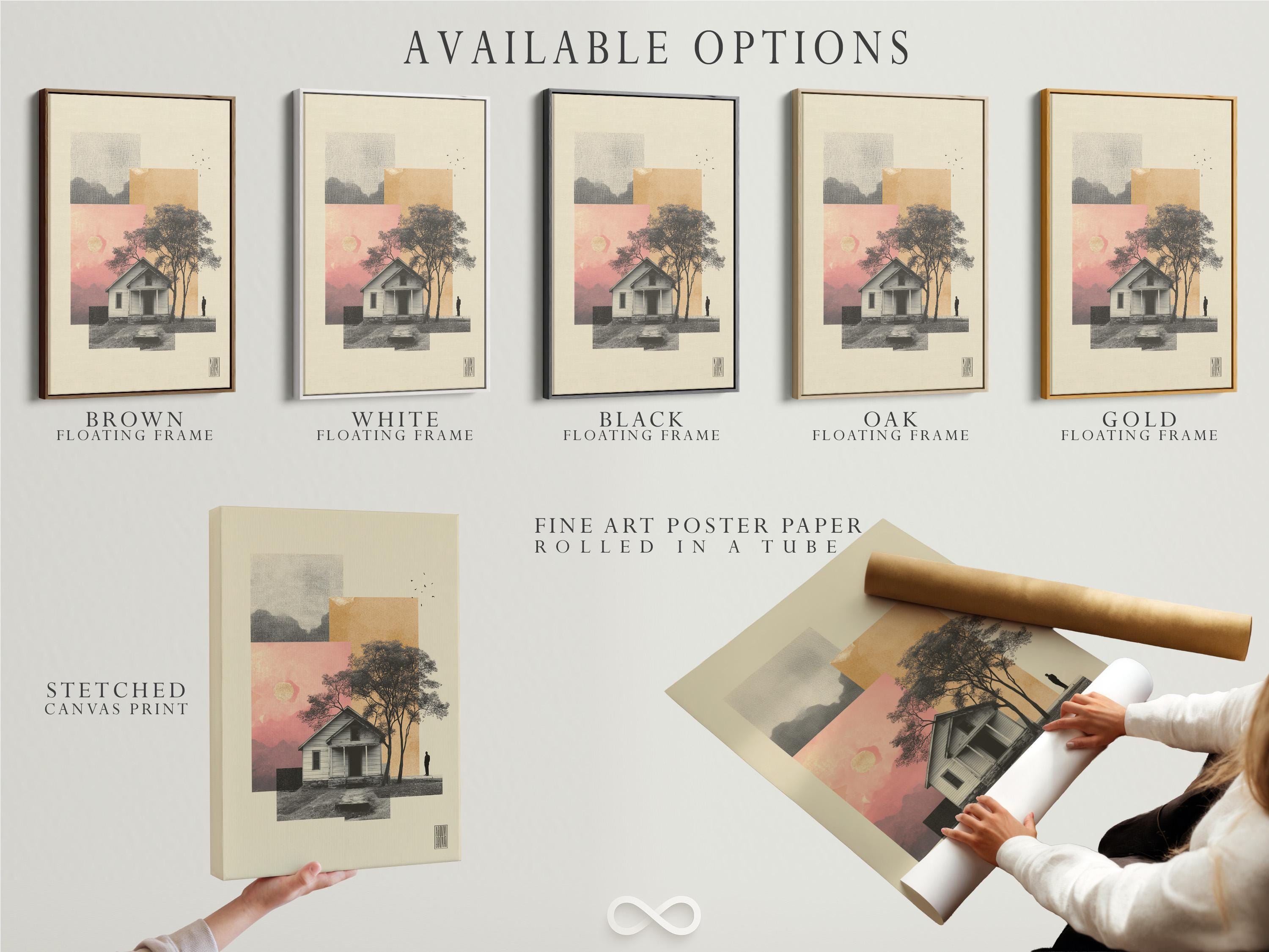 Portrait framed artwork mockup showing a small house and tree silhouettes on beige and pink layered background