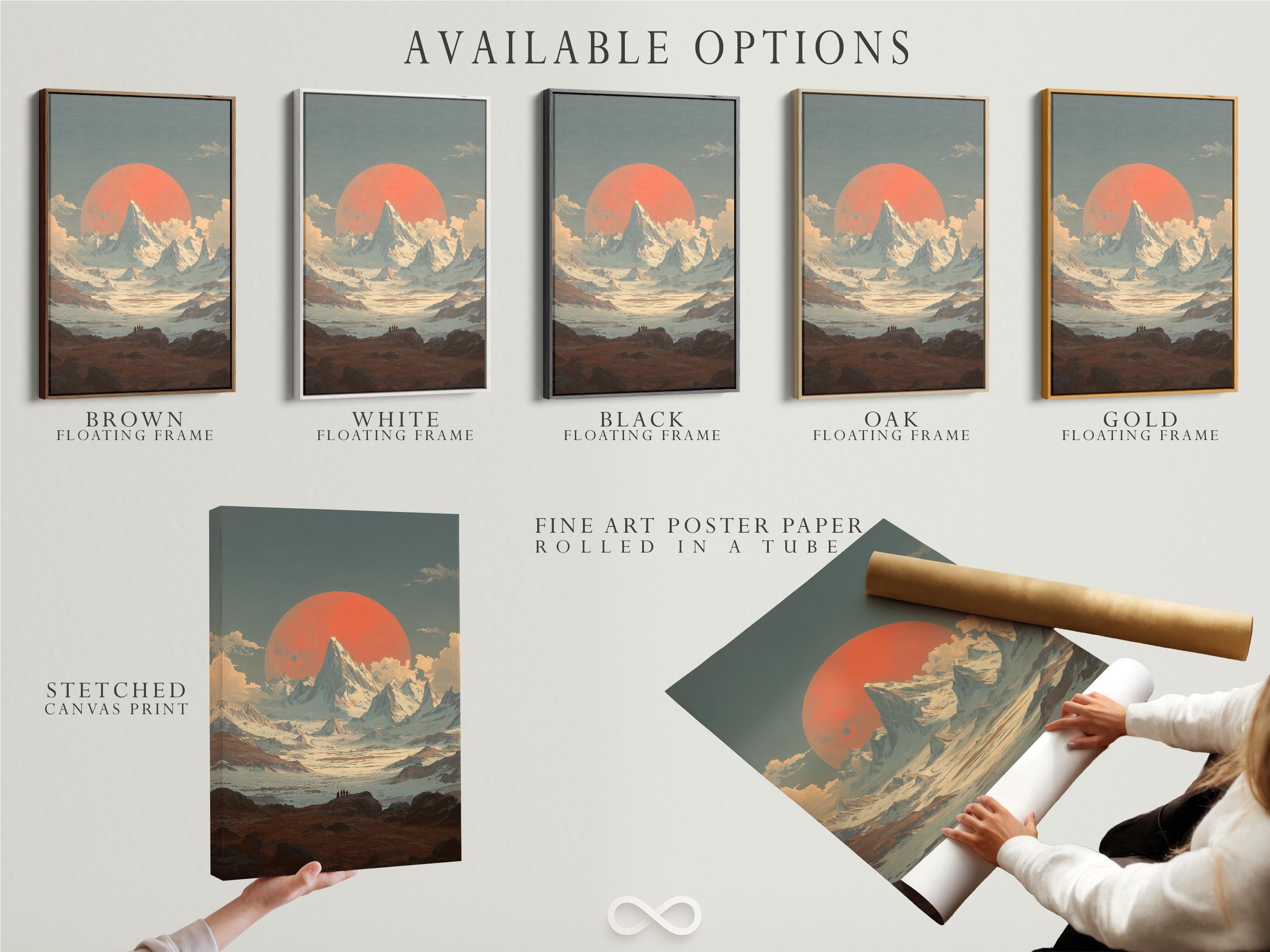 Framed stylised mountain sunset landscape artwork shown in a mock display