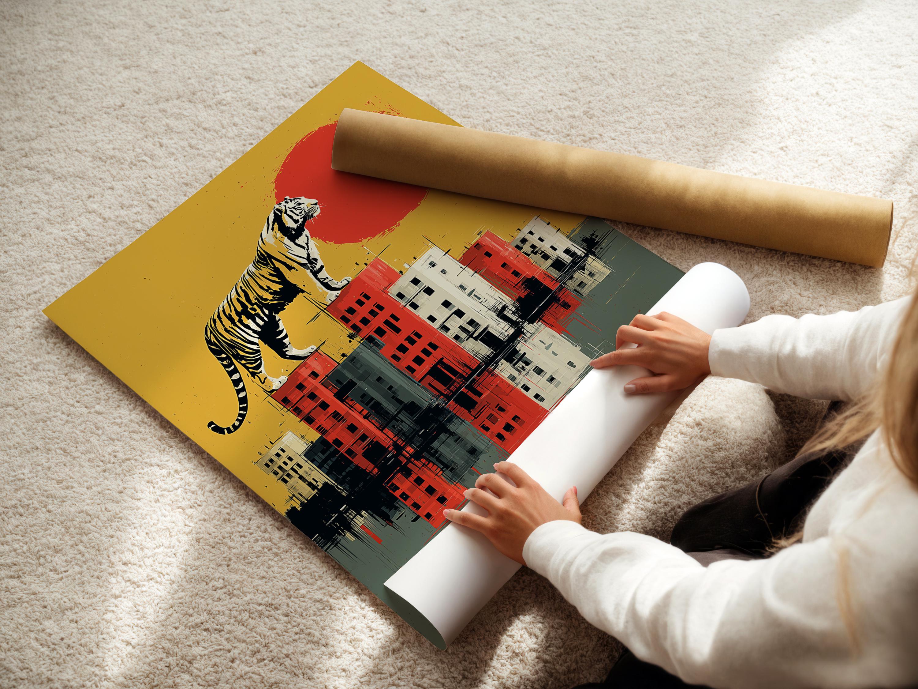Stylised tiger standing above a blocky cityscape with mirrored reflections in ochre and red detail view