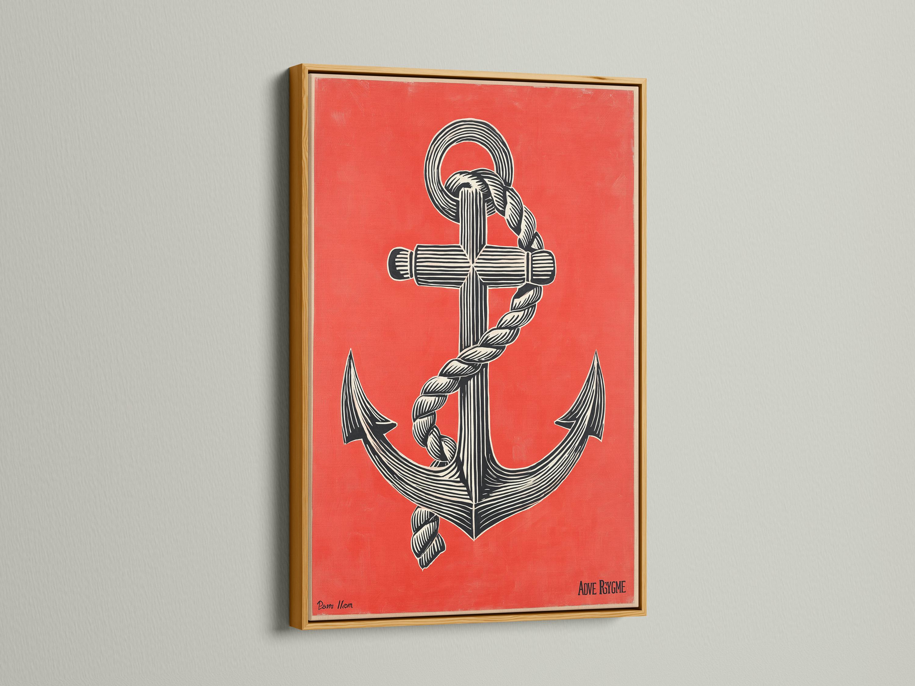 Coral red anchor illustration with black and cream rope-like stripes and ring details detail view