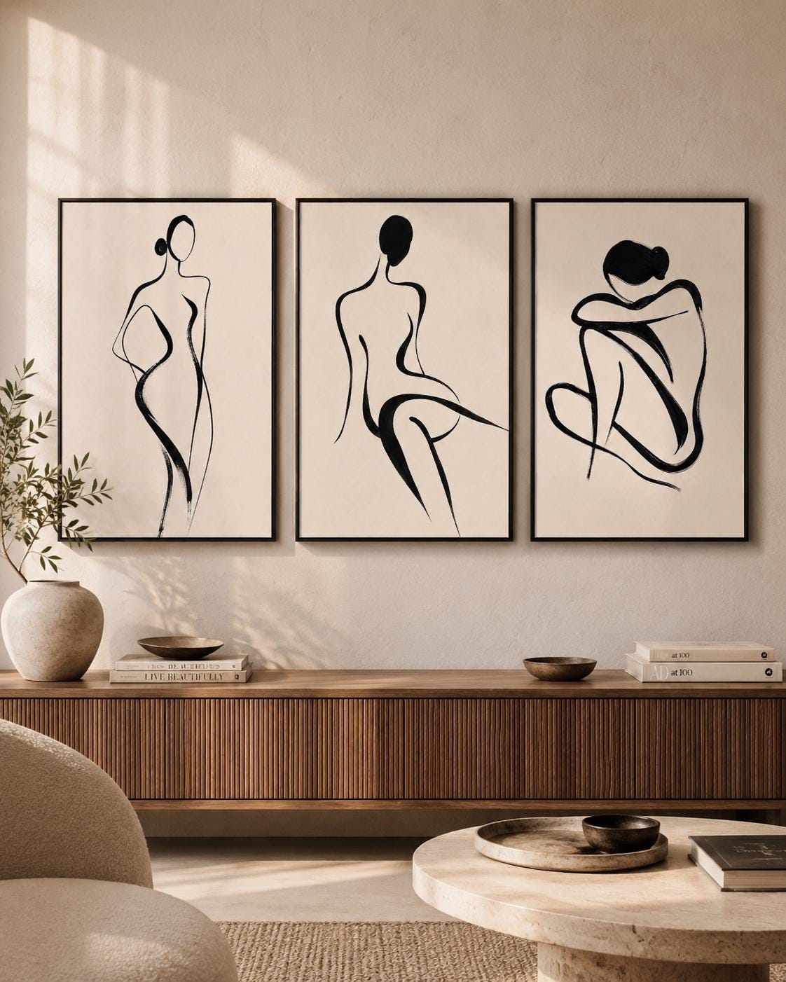 Three black minimalist female figure line drawings on neutral backgrounds detail view