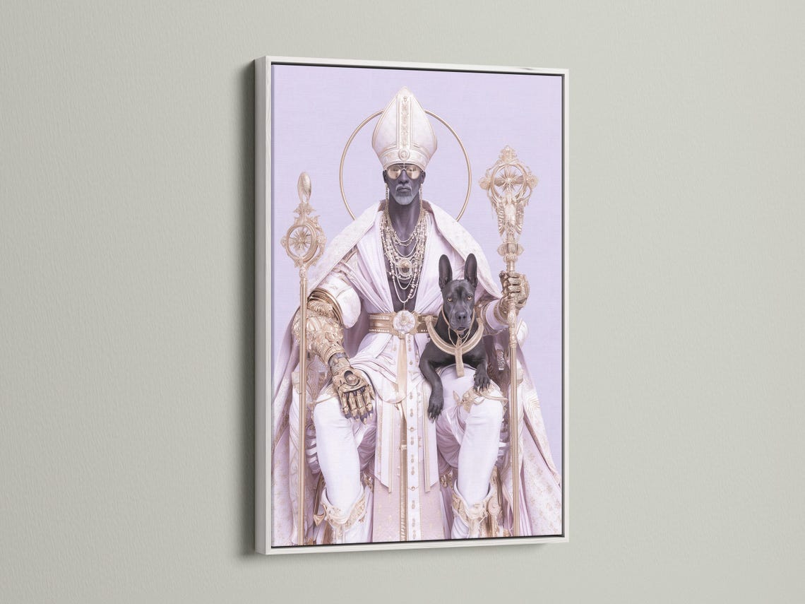 Regal robed figure with halo ring and black dog on a lavender background with gold ornaments detail view