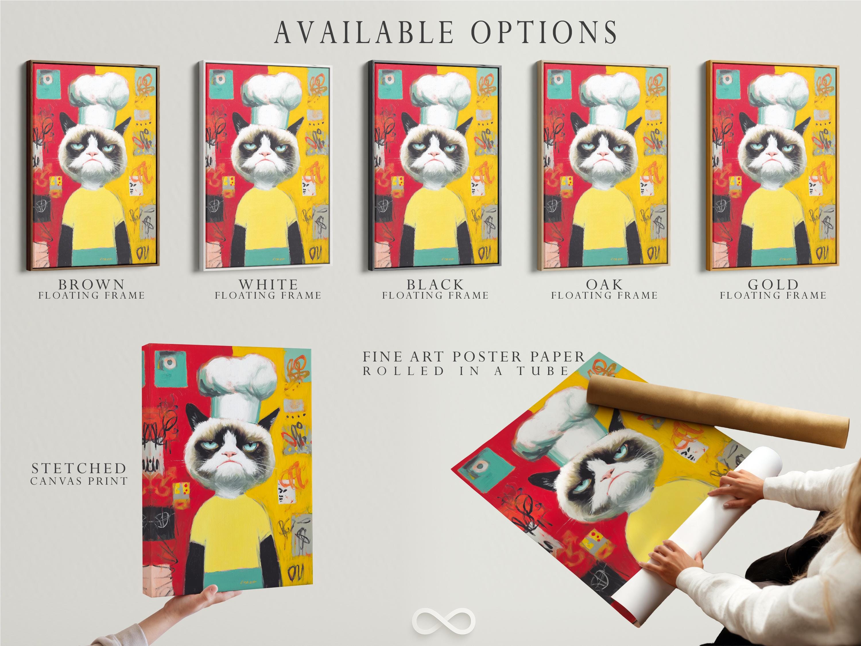 Pop art style grumpy cat wearing a yellow chef outfit with blue-green eyes detail view