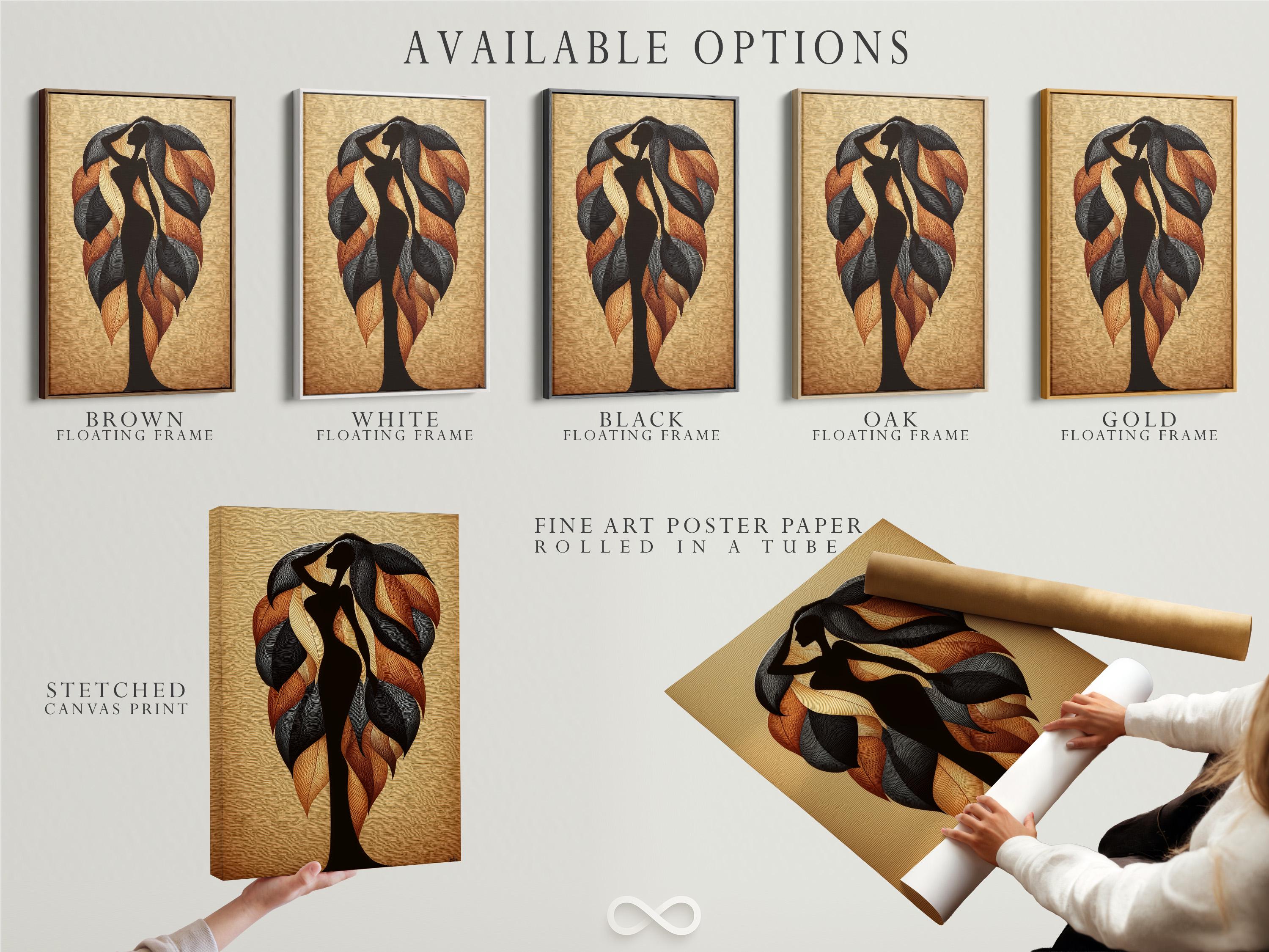 Leaf silhouette artwork with a dark figure shape and swirling burnt orange leaf forms on a beige textured background detail view