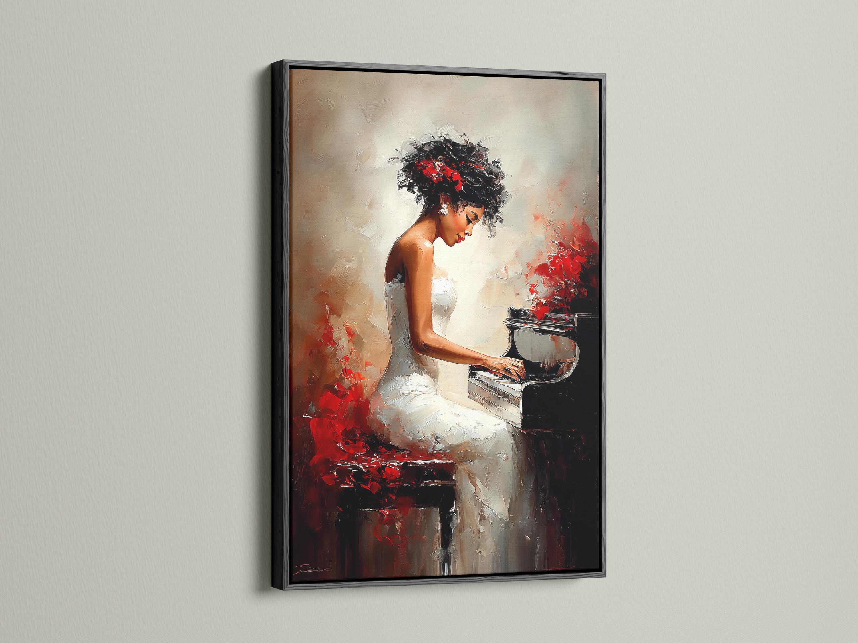Portrait painting of a woman playing the piano with black, red and light neutral tones detail view