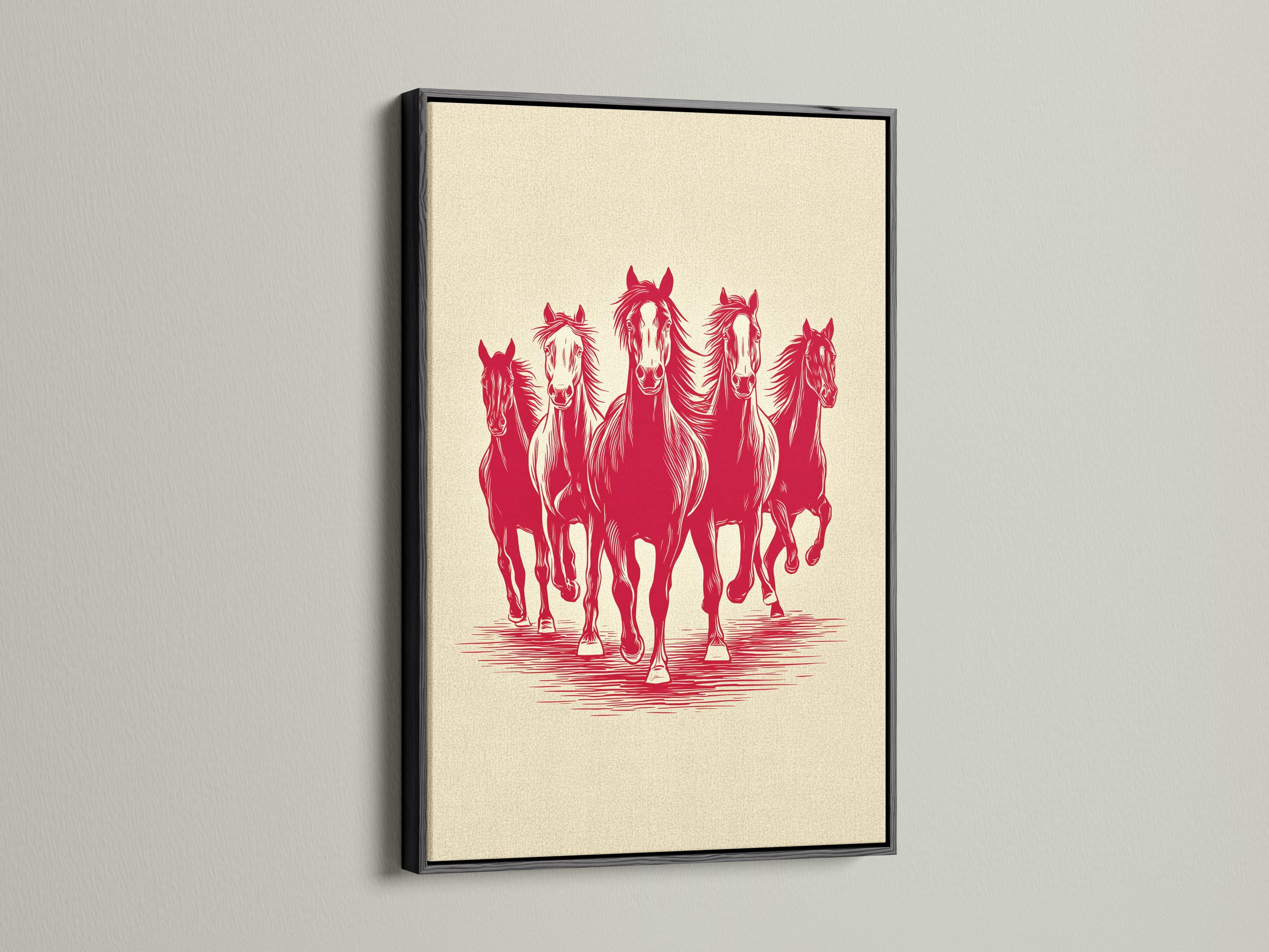 Red silhouette of four running horses on a cream background with striped ground detail view
