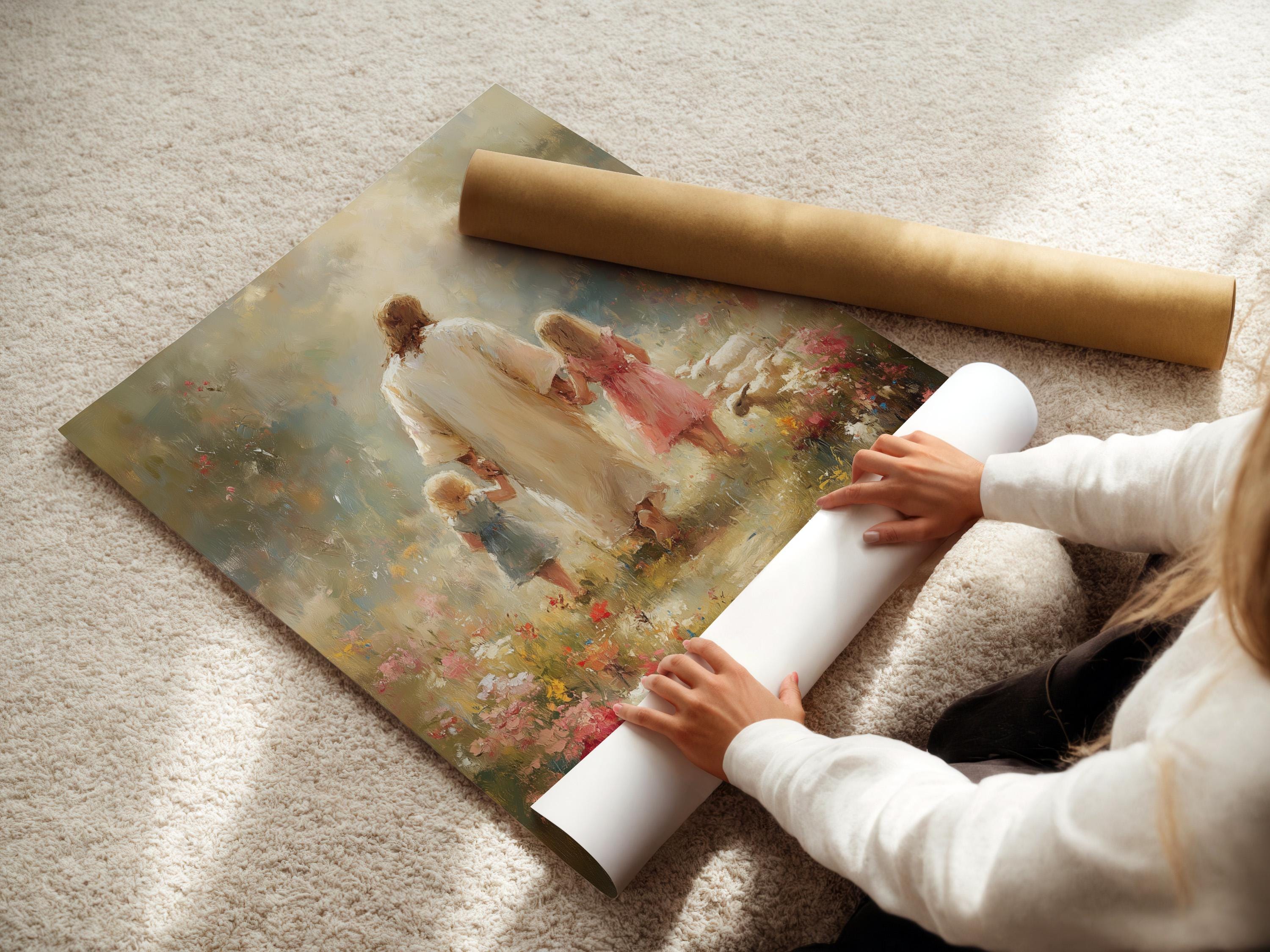Painterly scene of a robed adult walking with two children through a floral meadow detail view