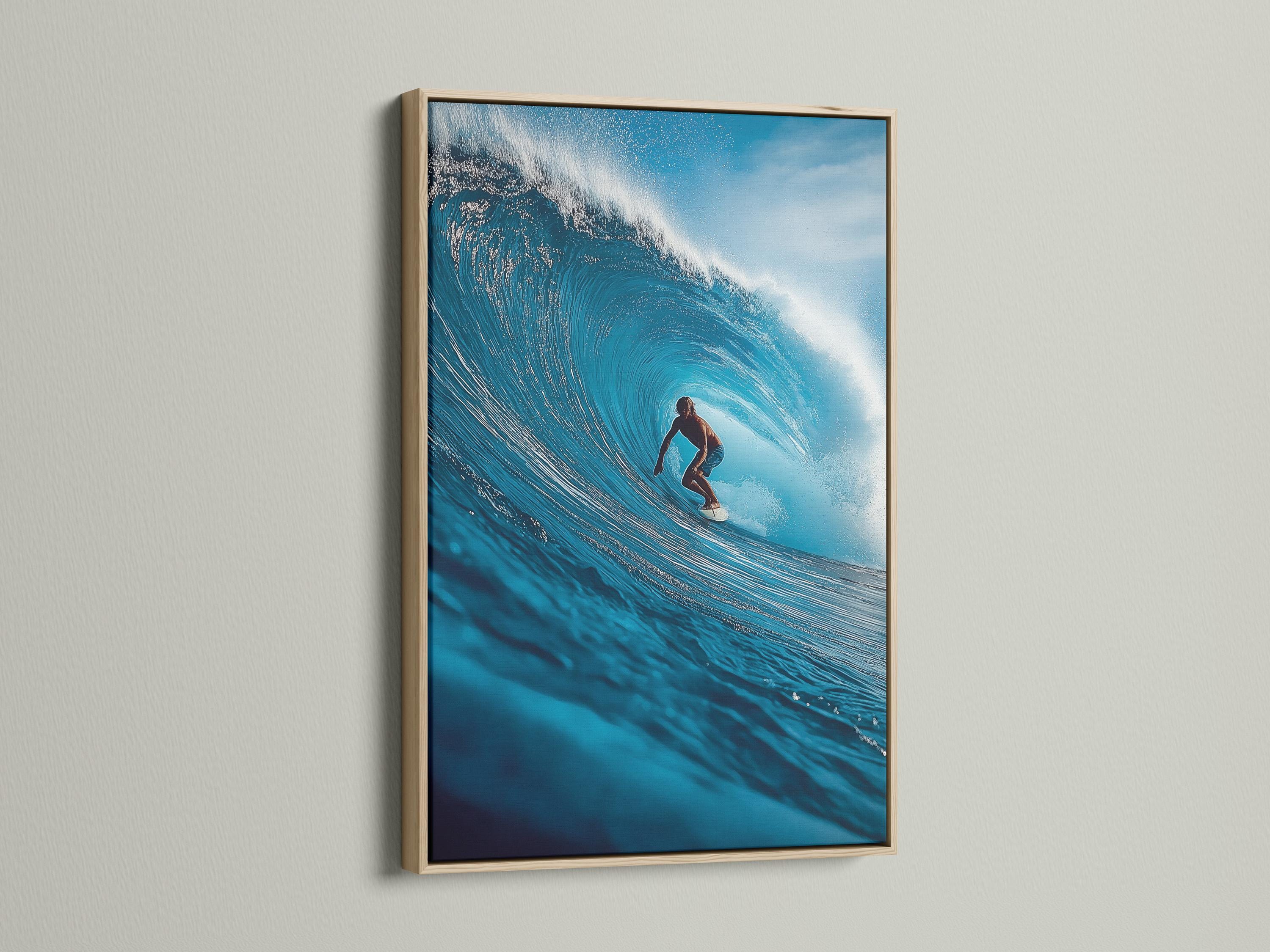 A blue ocean wave artwork shows a surfer riding through white foam, with bright sky-toned highlights and swirling water texture detail view