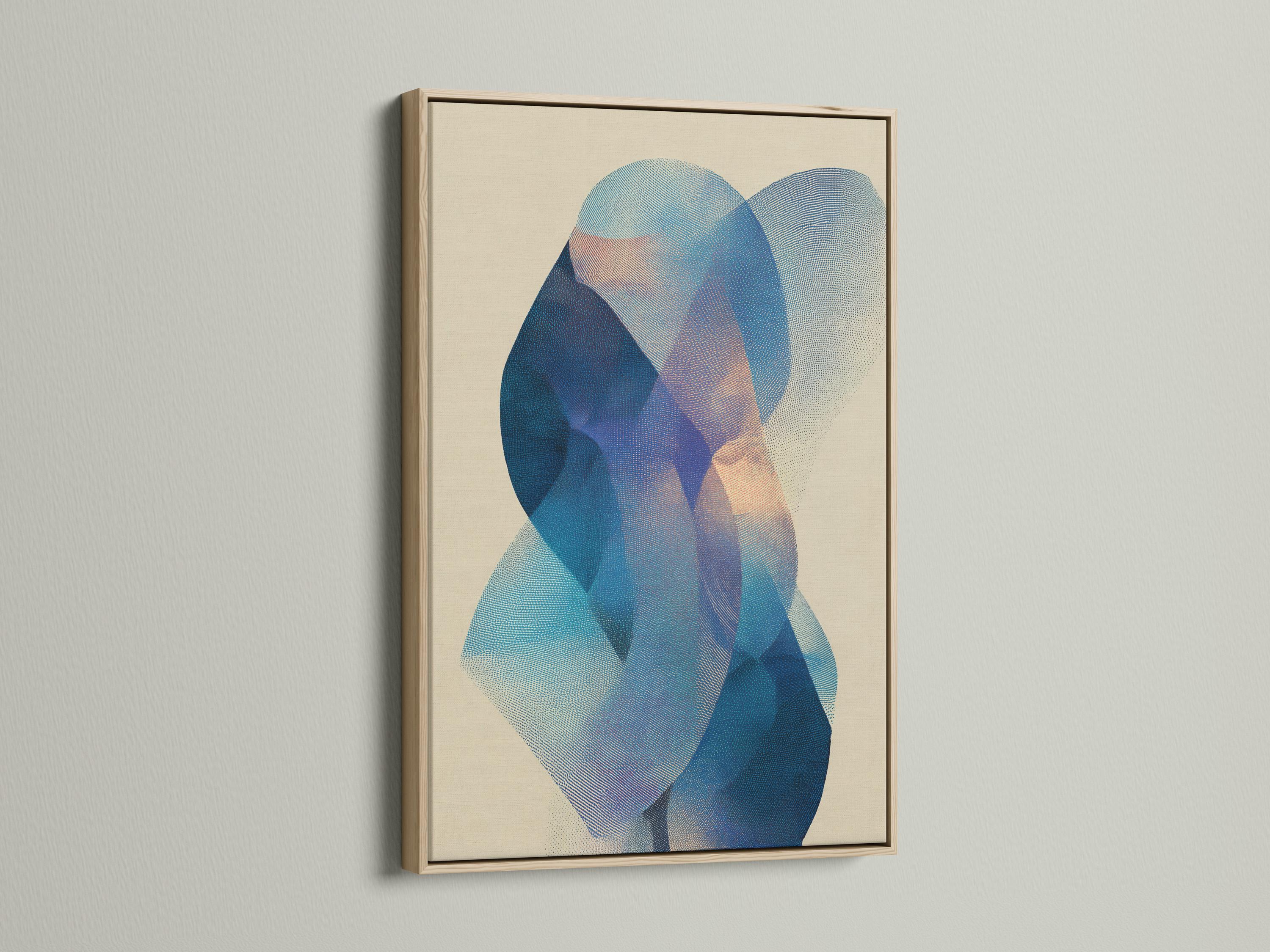 Abstract beige artwork with layered blue and teal circular shapes and a stippled texture detail view
