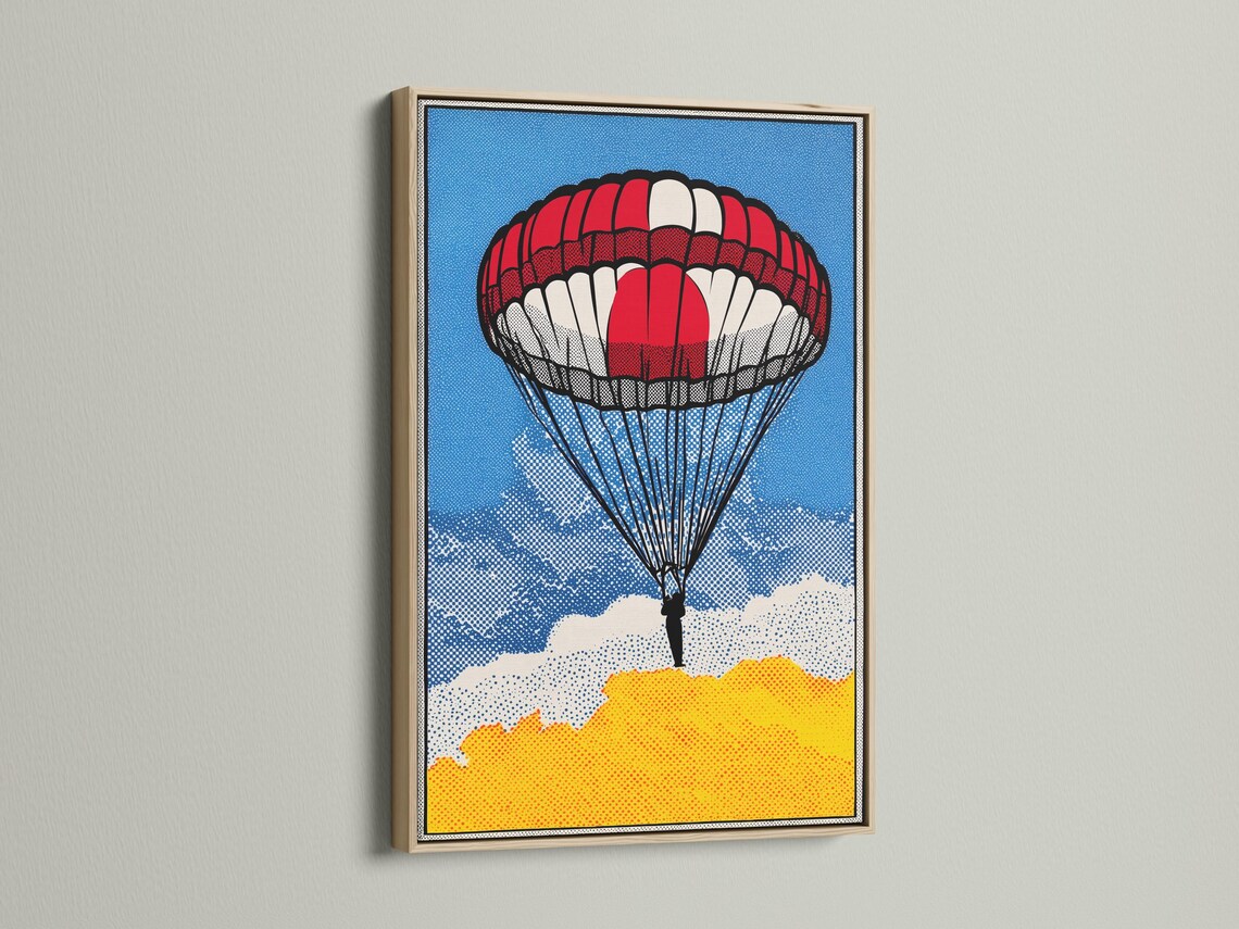 Red and white parachute pop art scene with blue dotted sky and clouds detail view