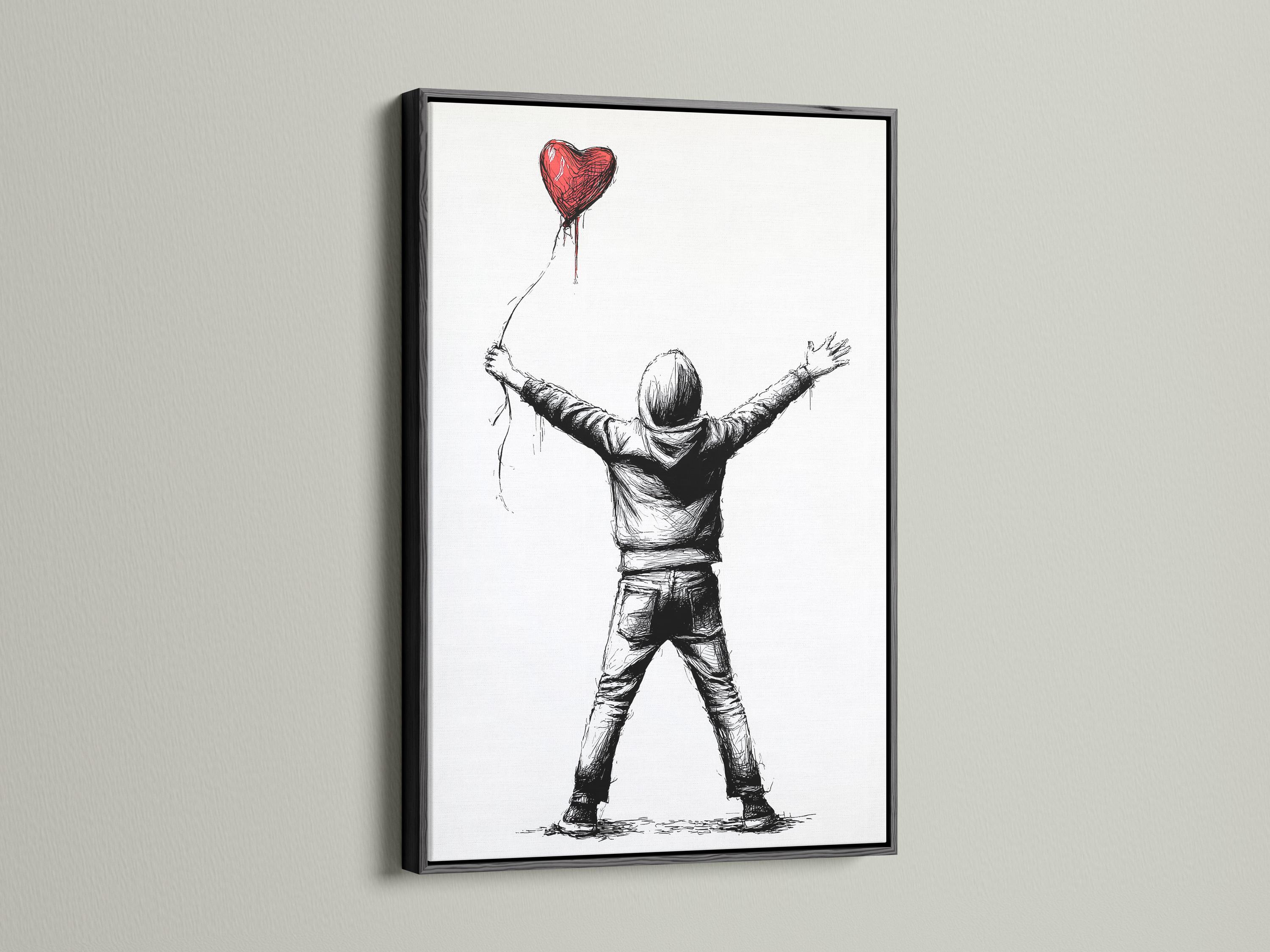 Framed wall art mockup showing a boy holding a red heart-shaped balloon