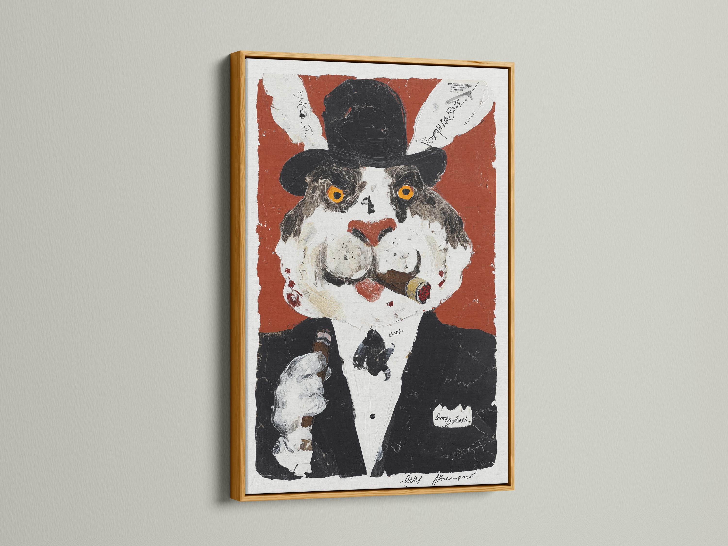 Room mockup showing a framed rabbit gentleman portrait on a wall