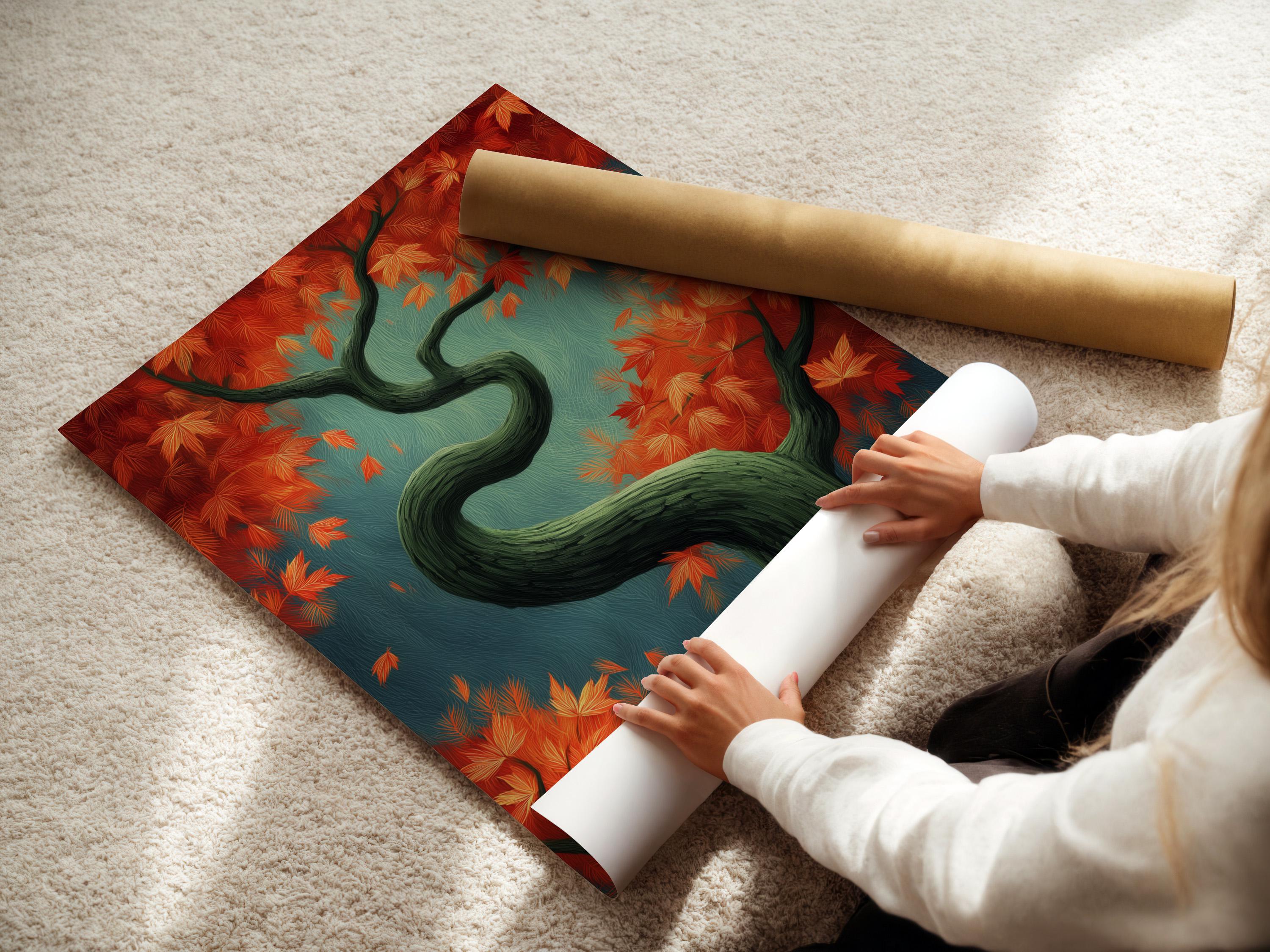 Autumn tree illustration with teal background, orange and red leaves, and a dark green twisting trunk detail view