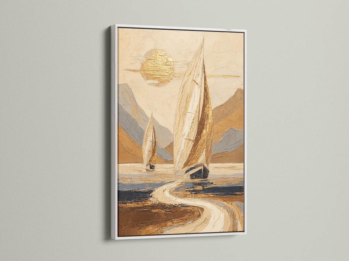 A gold-toned sailboat with billowing sails sits on rippling blue-grey water, set against warm beige and sandy shapes with a bright sun-like glow