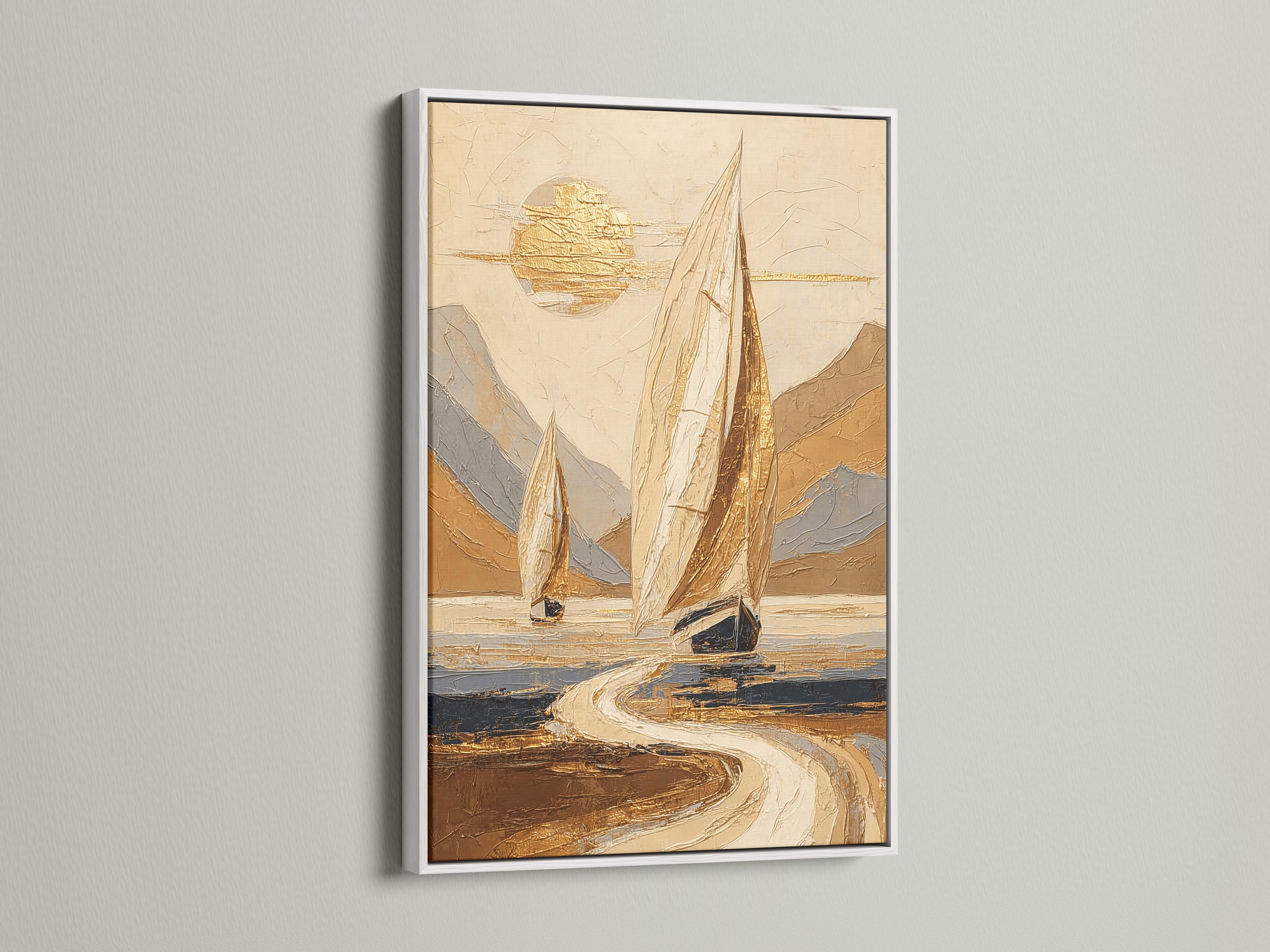 A gold-toned sailboat with billowing sails sits on rippling blue-grey water, set against warm beige and sandy shapes with a bright sun-like glow