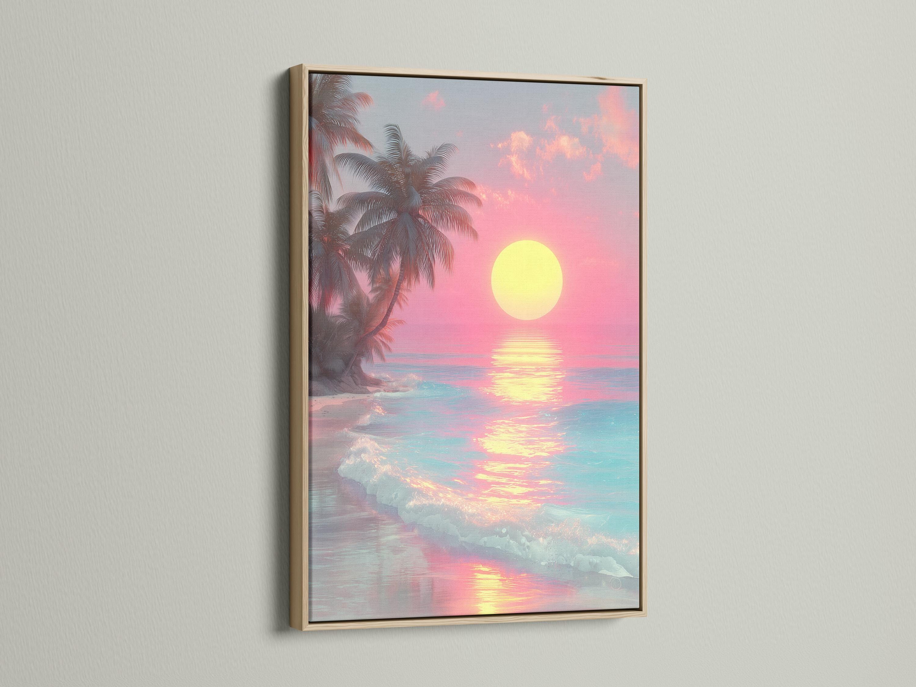 A framed tropical seascape shows a bright yellow sun over pink and turquoise water, with palm silhouettes and glowing reflections detail view