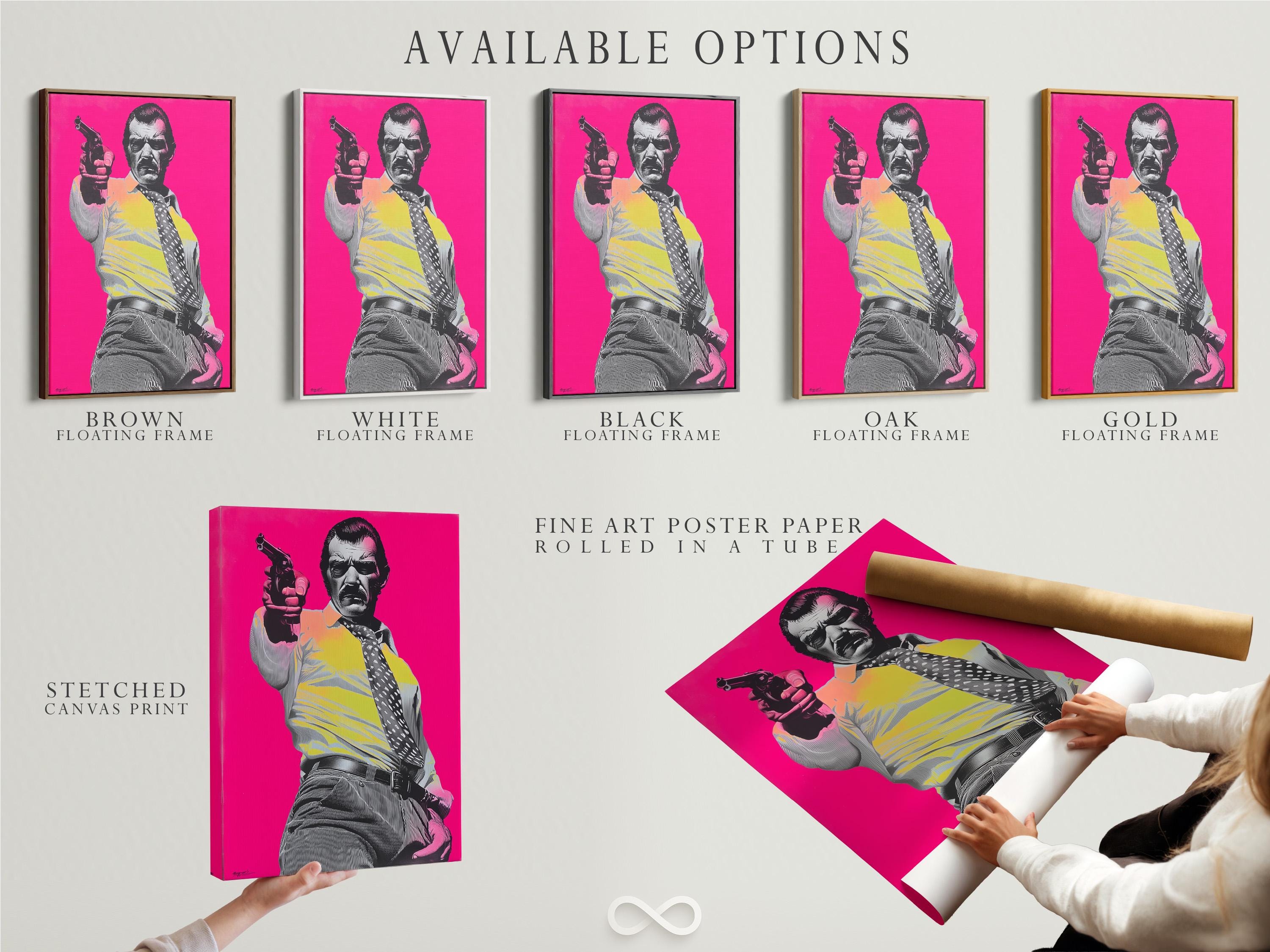 Hot-pink pop-art portrait of a man holding a handgun in black-and-white halftone style detail view