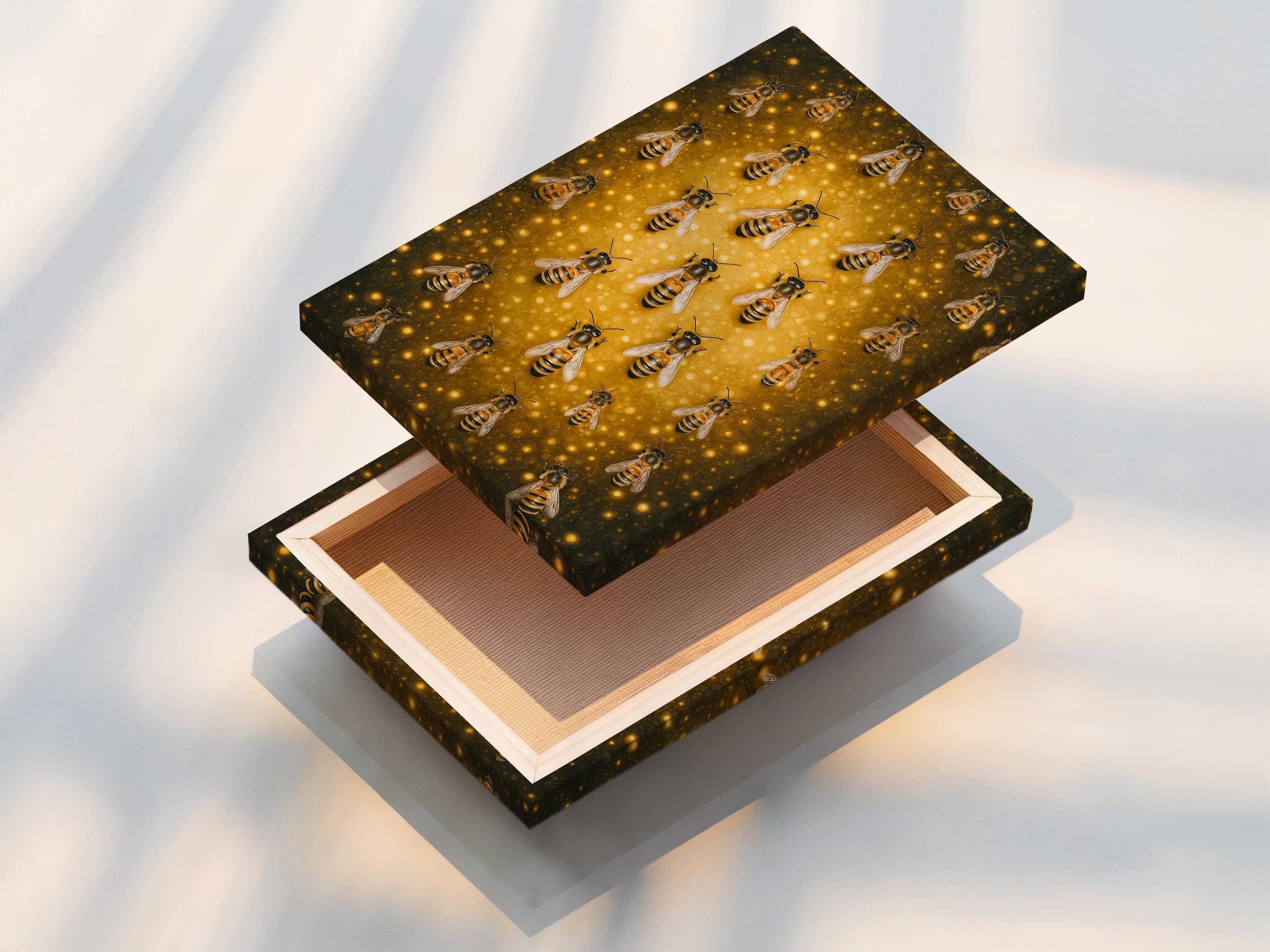 Illustrated bees with black and yellow stripes on a warm golden honeycomb-like background detail view