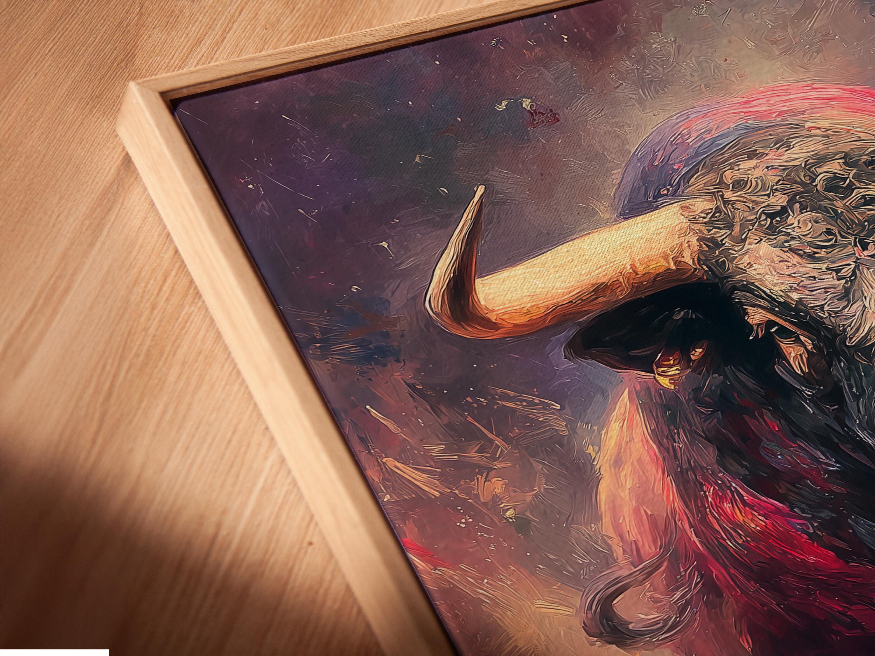 Charging bull portrait wall artwork in red and beige with curved horns detail view