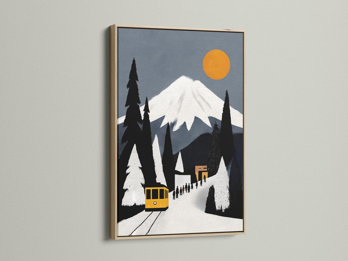 Room mockup showing a framed yellow train winter mountain artwork