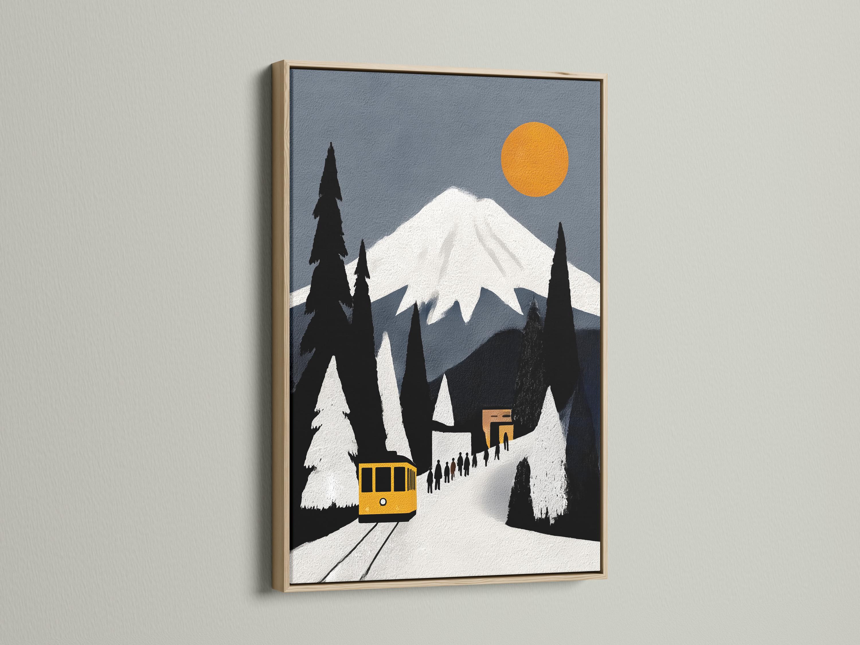 Room mockup showing a framed yellow train winter mountain artwork