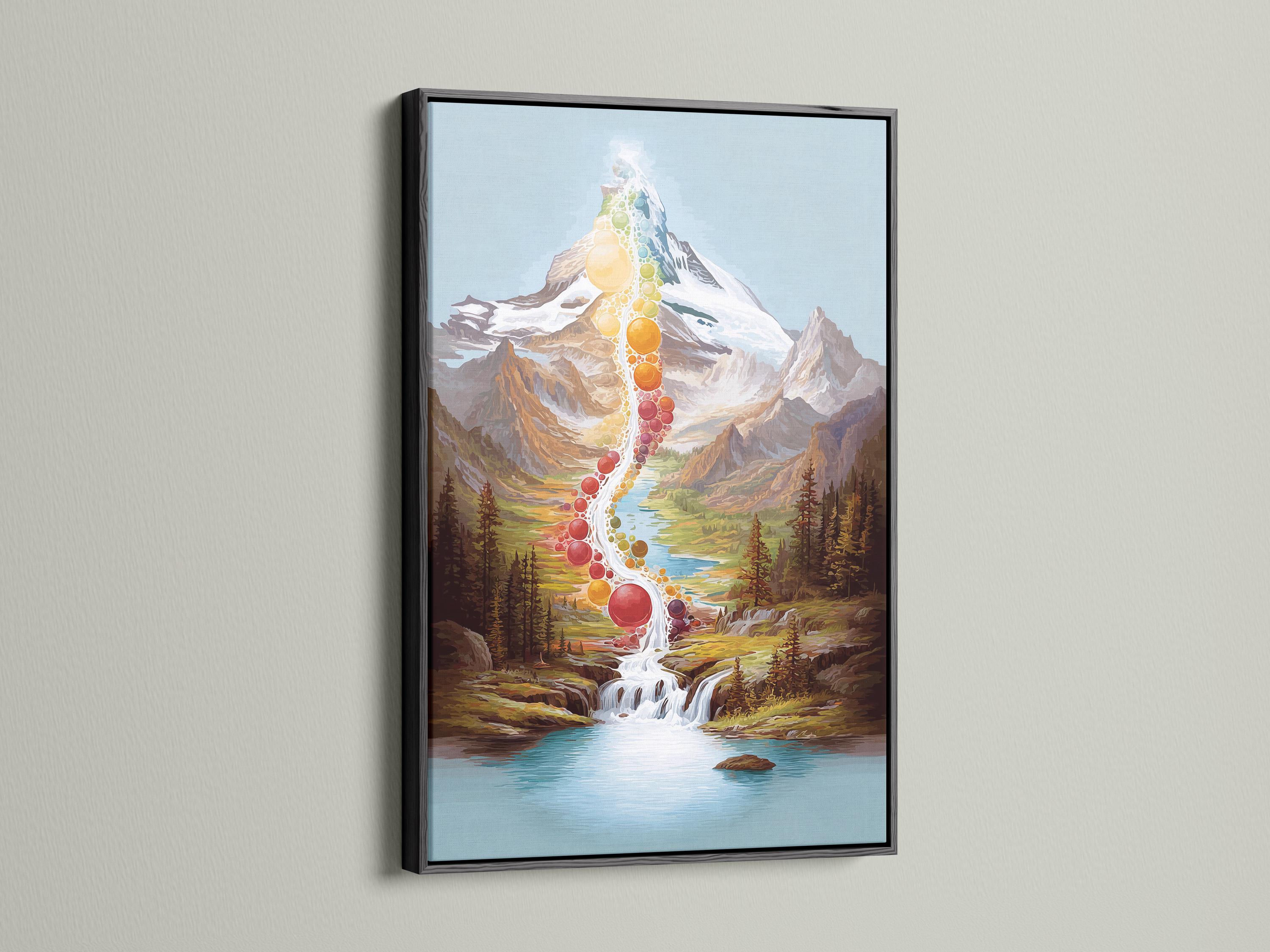 Room mockup showing a framed rainbow mountain waterfall artwork on a wall