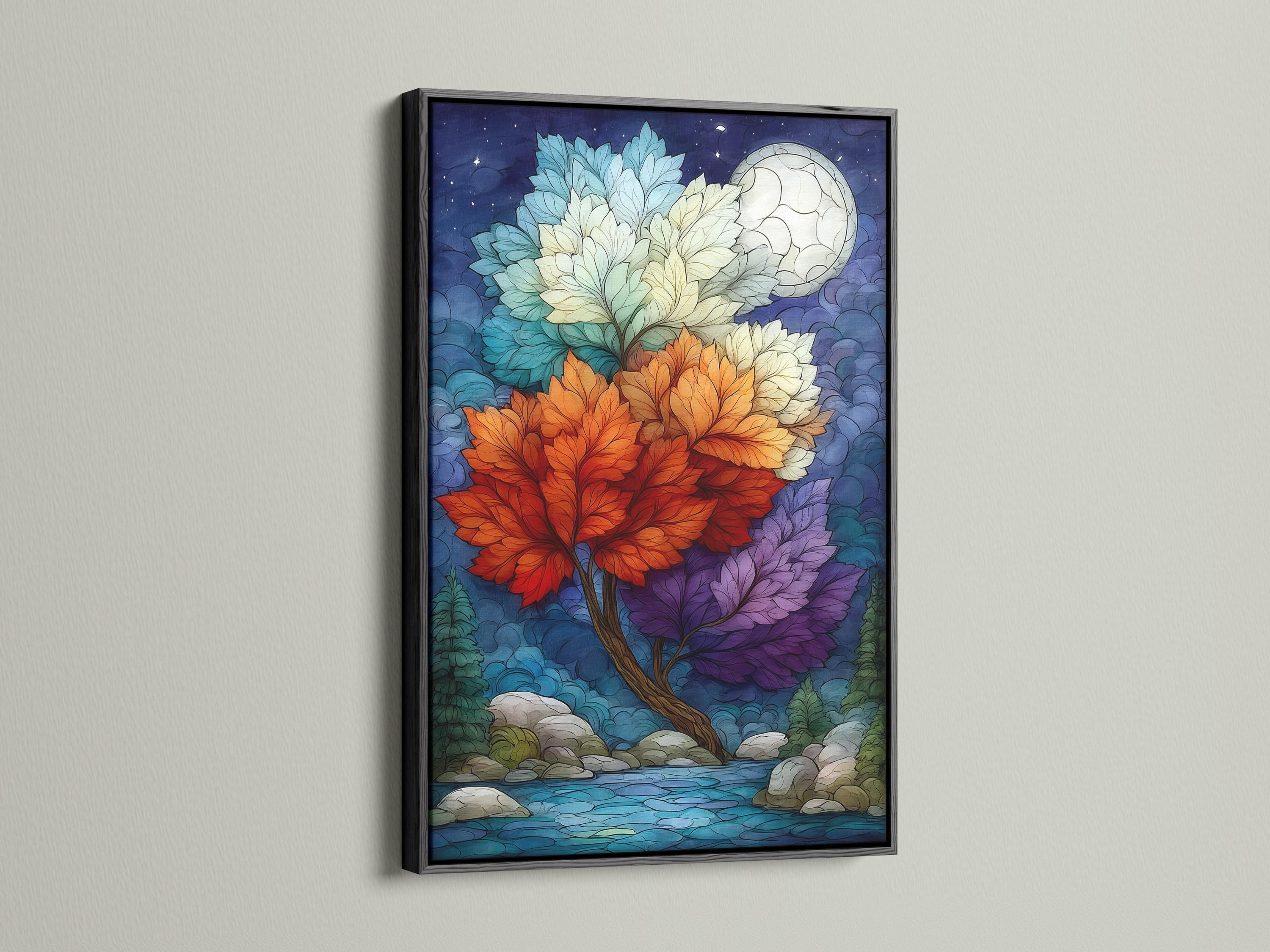 Fantasy tree artwork with colourful leaf clusters and a full moon on a deep blue night sky detail view