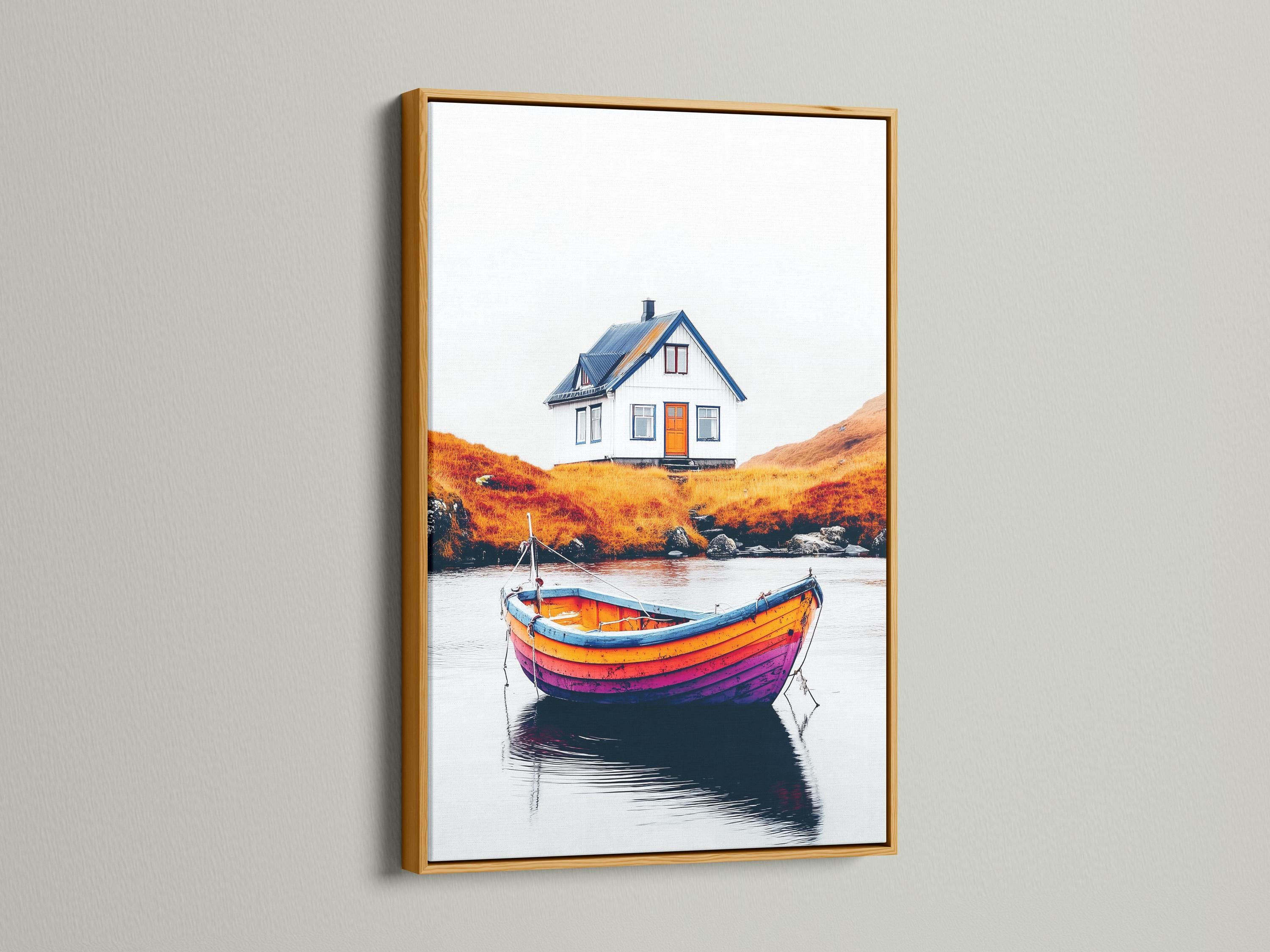 A blue-and-orange house sits above a calm lake with a brightly painted striped boat in the foreground, mirrored on the water detail view
