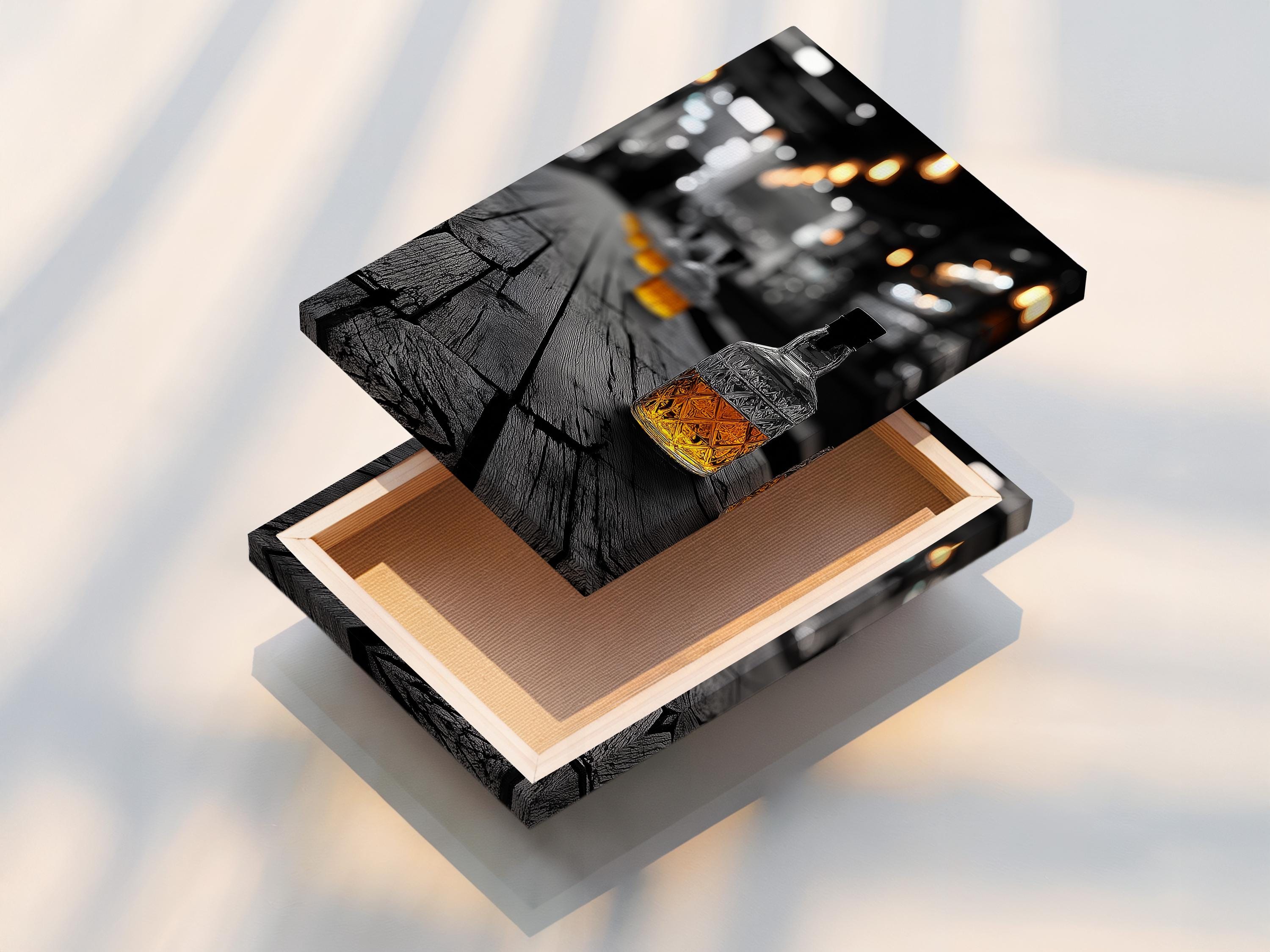 Room mockup showing a wall with framed artwork of a pub scene bottle with amber light accents