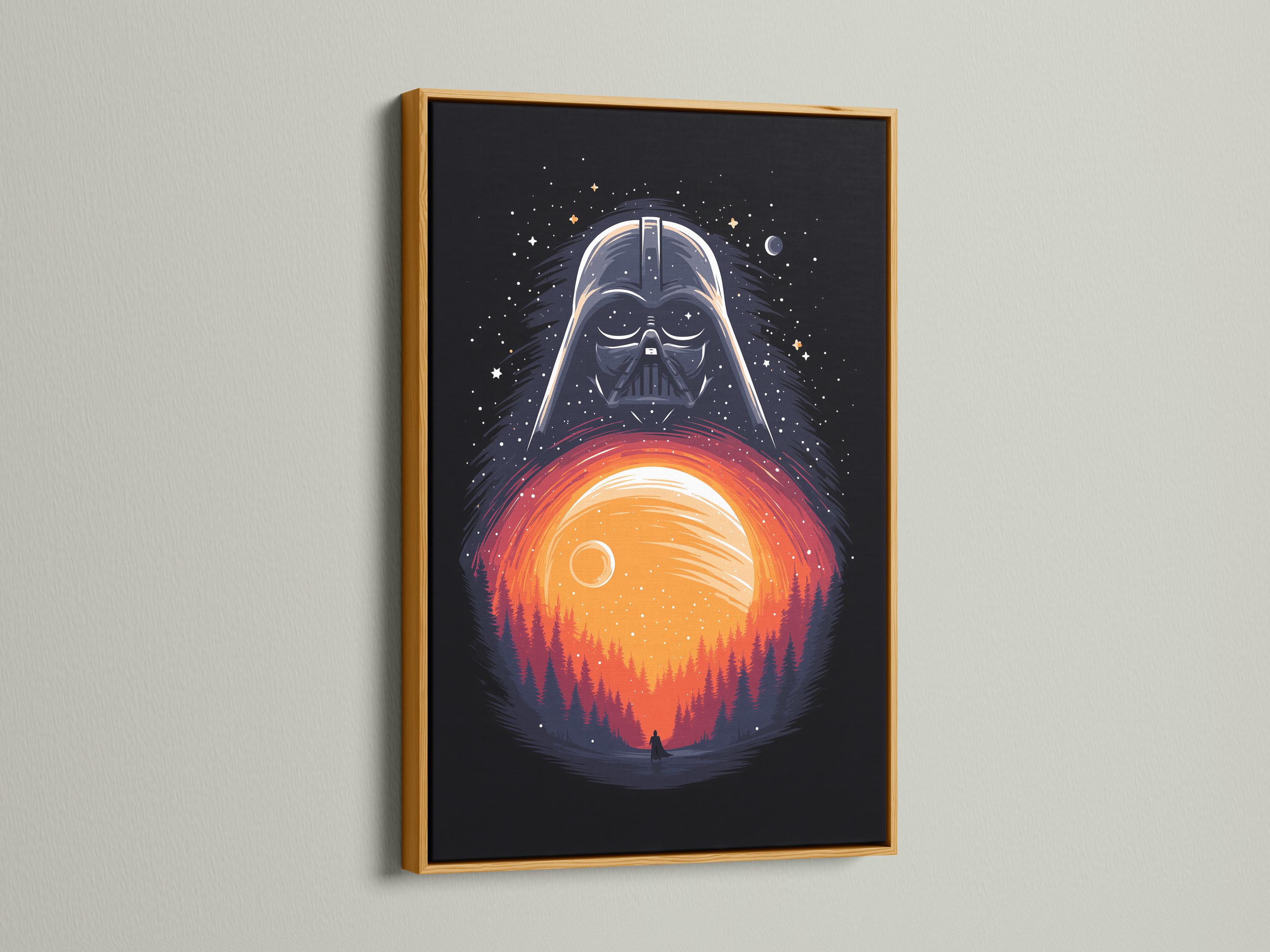 Dark sci-fi illustration of a helmeted villain above a glowing planet with stars and a forest silhouette detail view