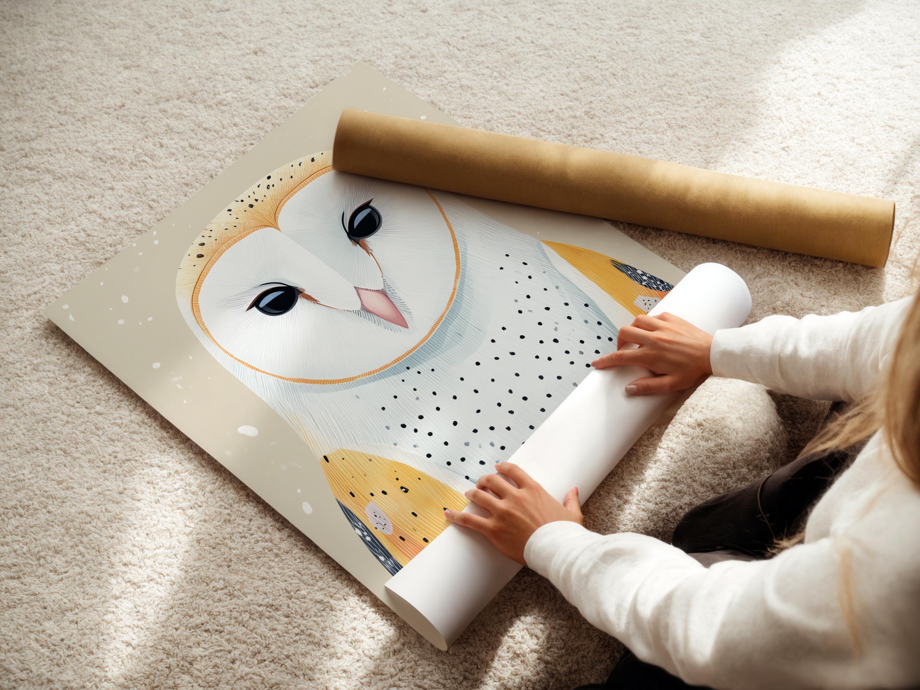 Room mockup showing a framed owl artwork with neutral beige background and orange and blue details