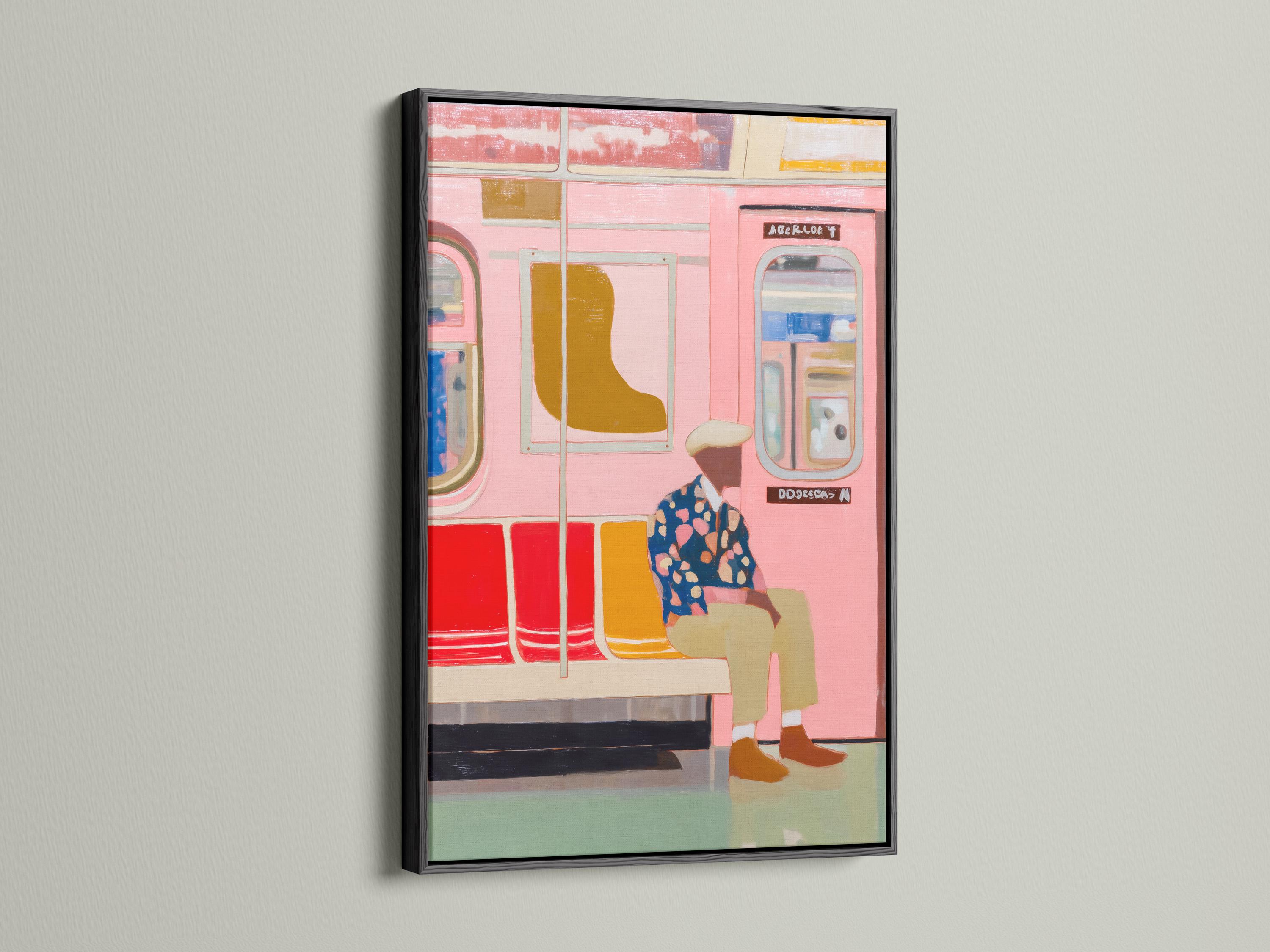 Room mockup showing framed urban subway artwork and colour swatch thumbnails