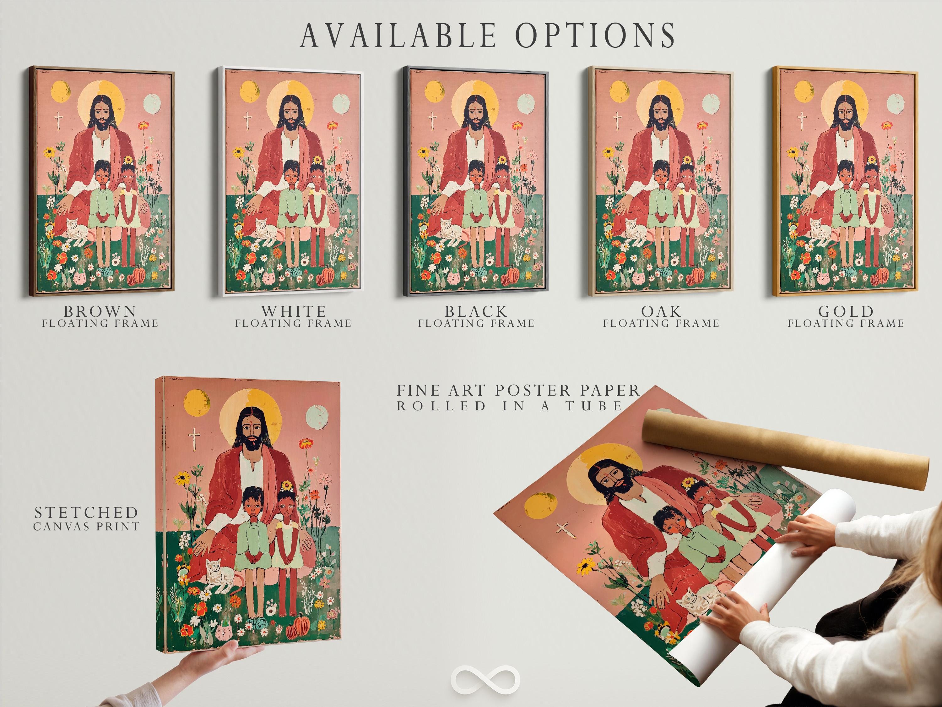 Folk-art illustration of Jesus with a pale halo, two children, and many flowers on a dusty pink background detail view