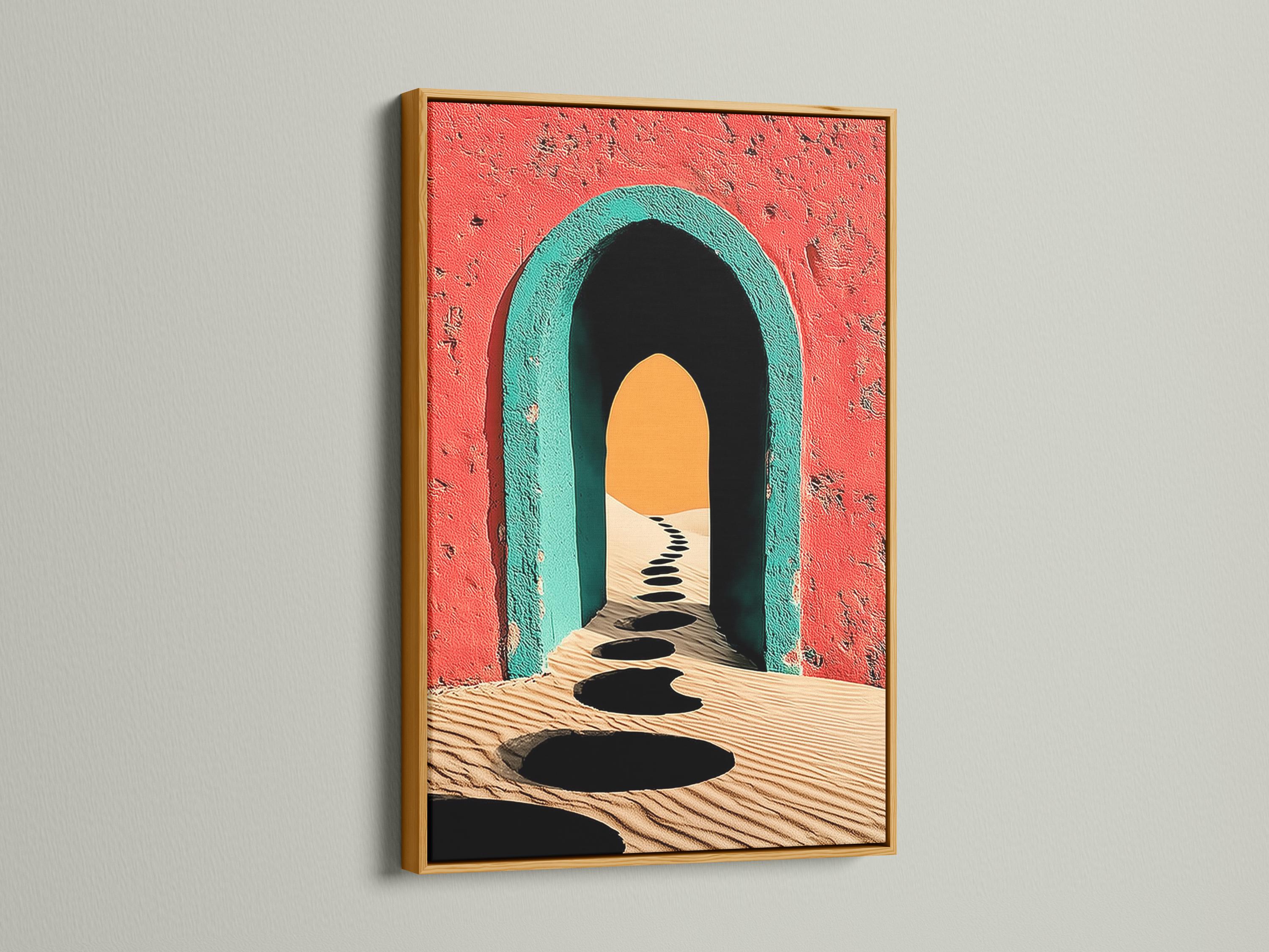 Illustrated coral-red and teal archway with sandy desert path and dark stone shapes detail view
