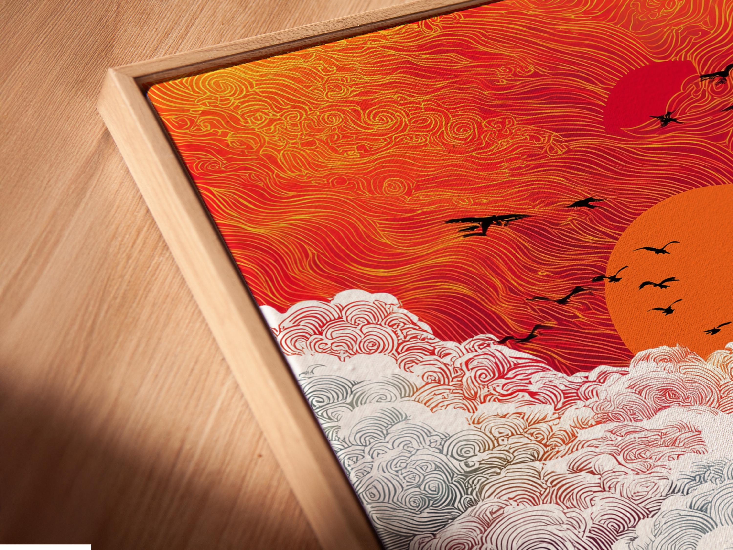 Sunrise mountain landscape artwork with orange sun, swirling clouds and black bird silhouettes detail view