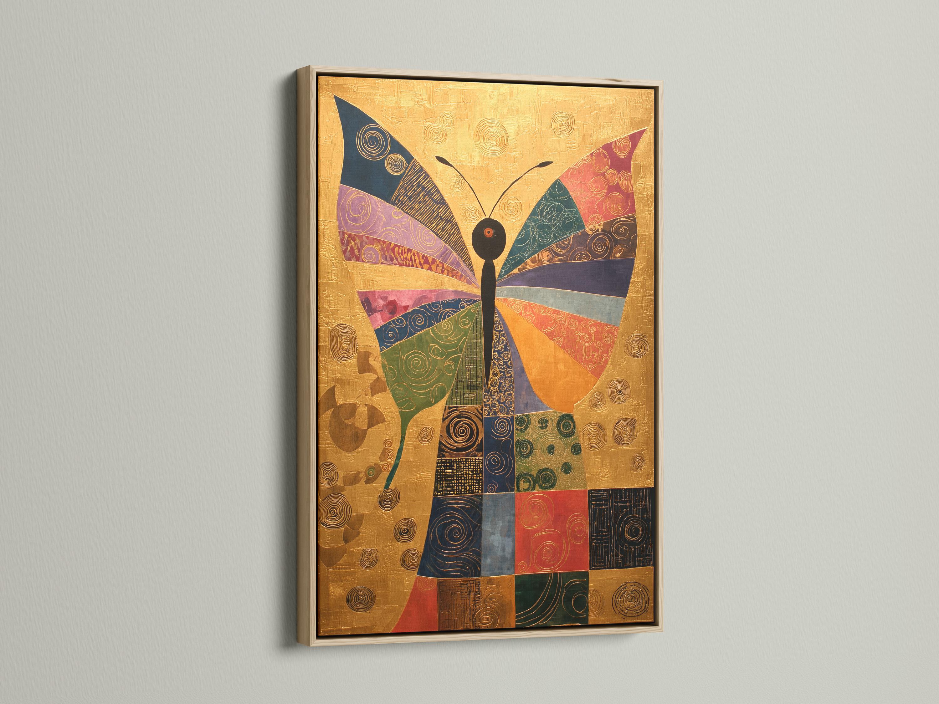 Geometric butterfly artwork with gold background and multicolour swirl-patterned wings detail view