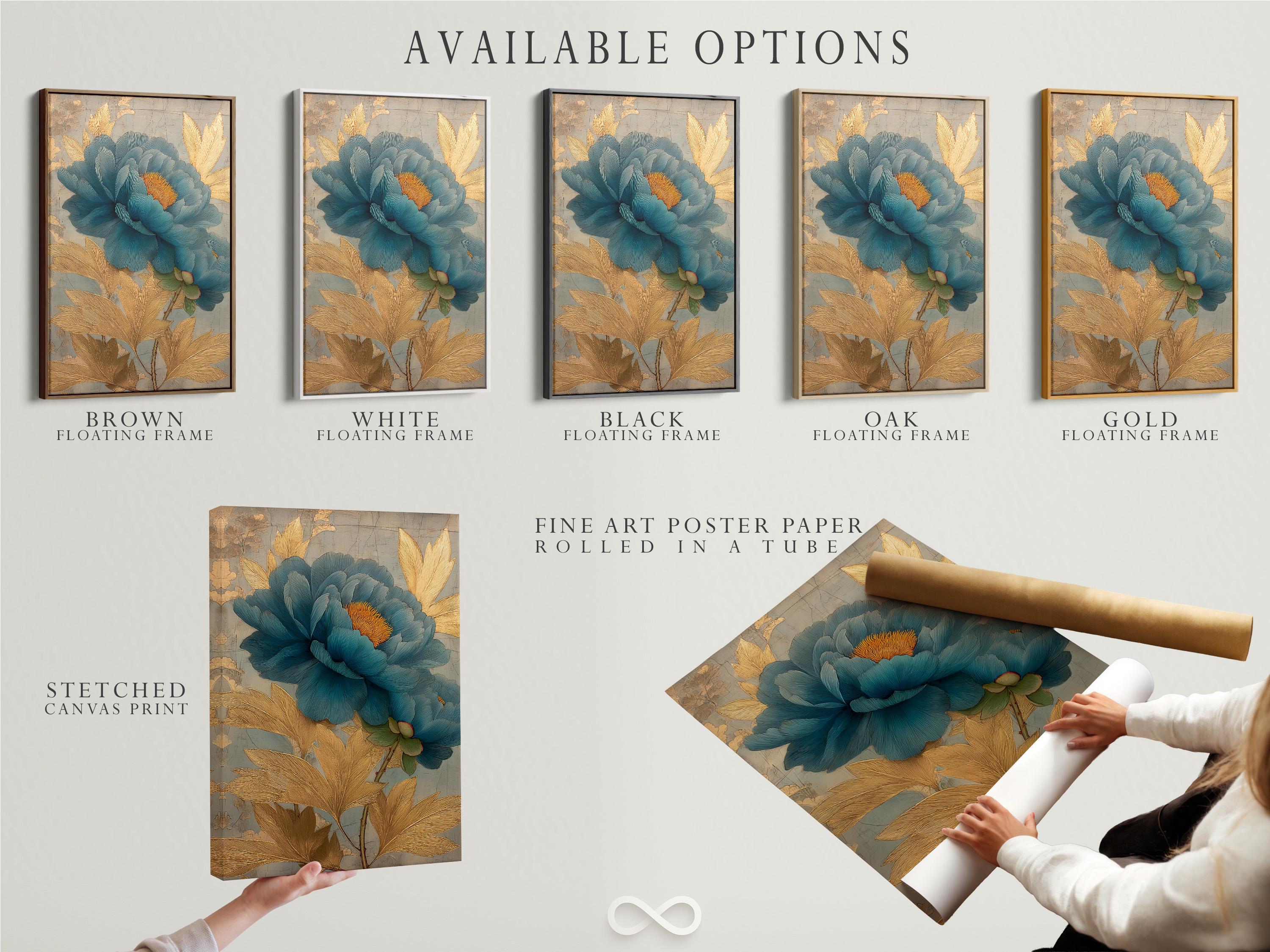 Teal peony flower with gold-brown leaves over a light grey map-like background detail view