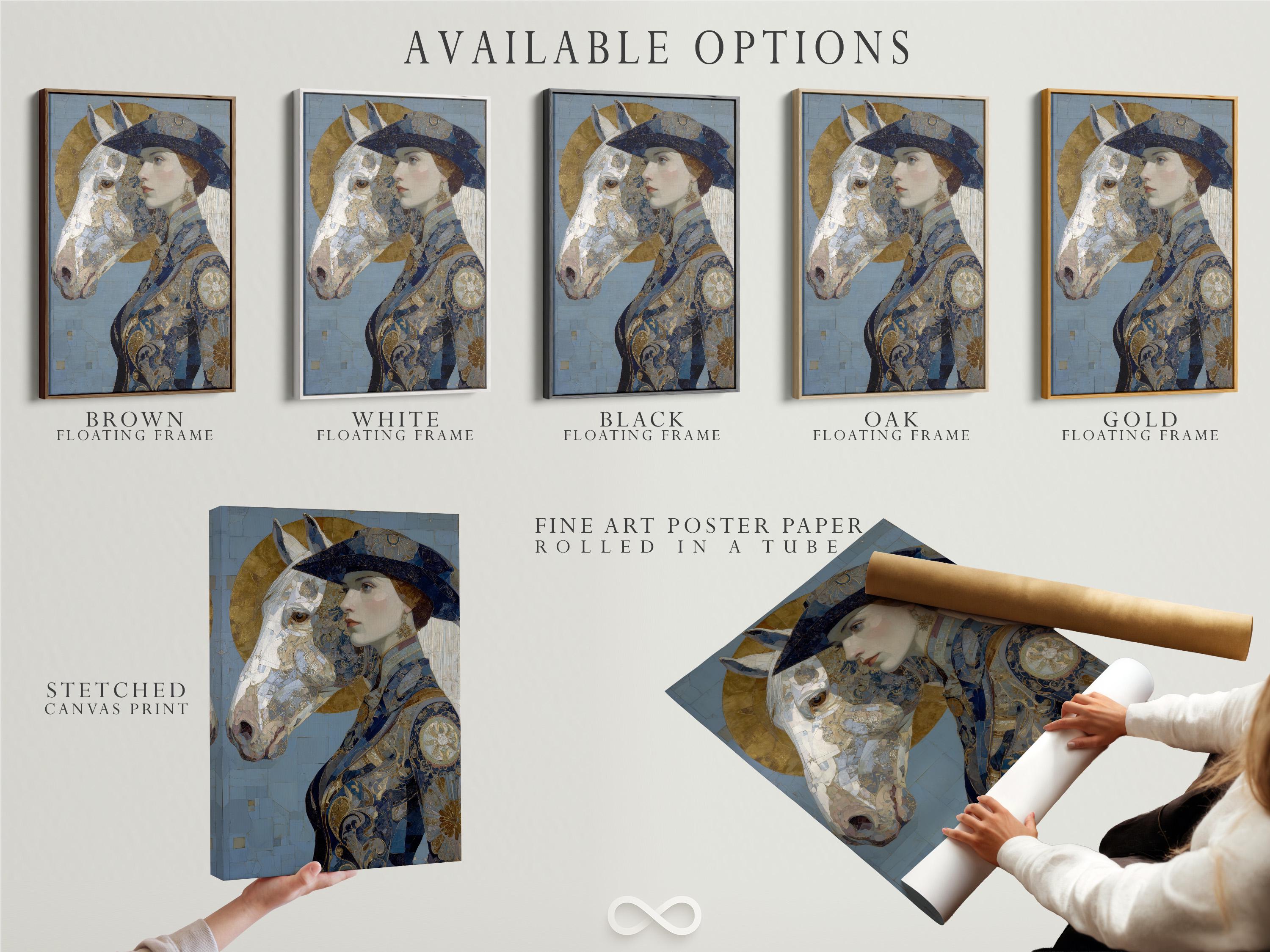 Ornamental blue and gold portrait showing a woman in profile with a horse head beside her detail view