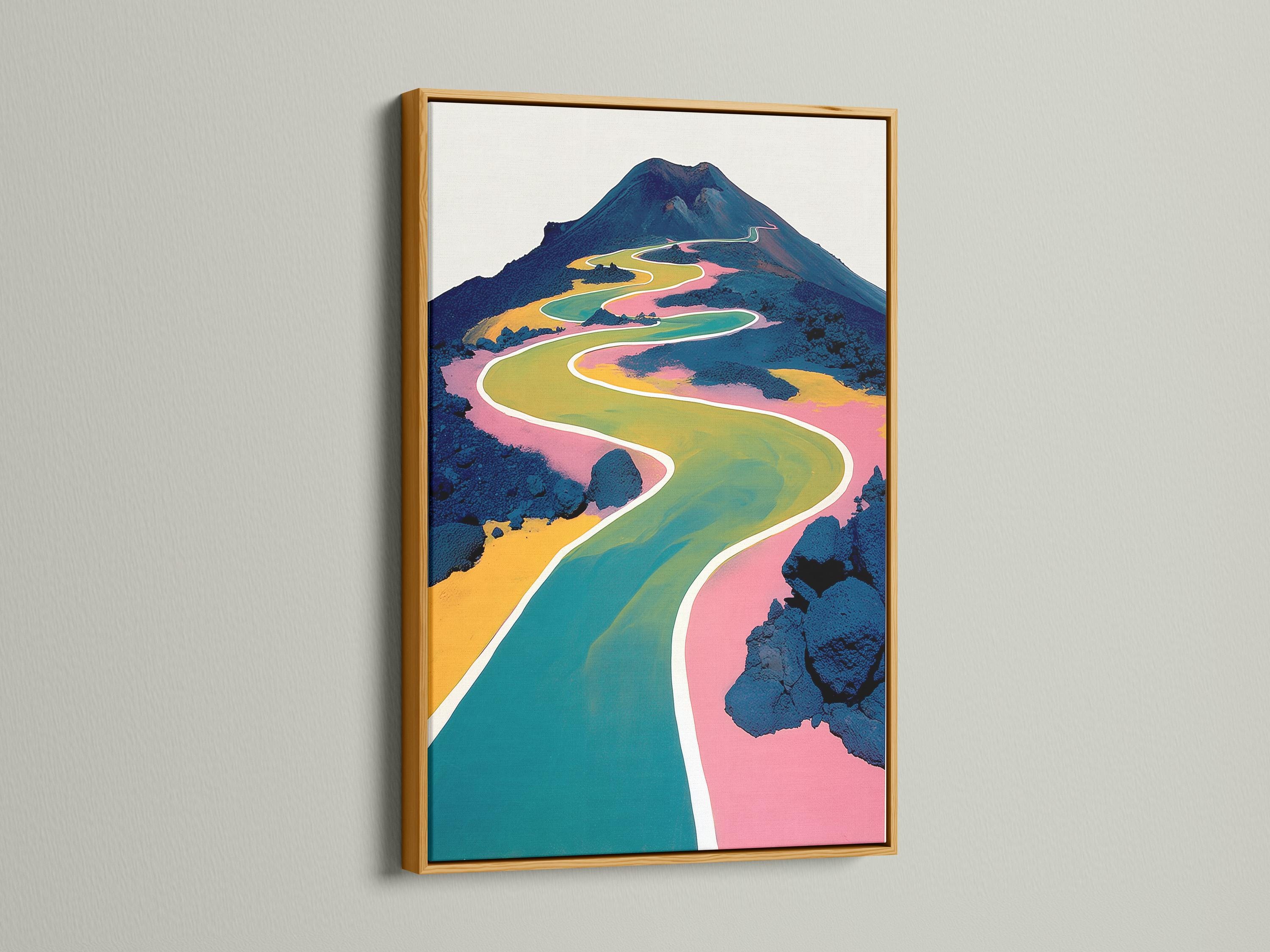 Winding road-like path through a stylised mountain landscape with teal, yellow and pink colours detail view