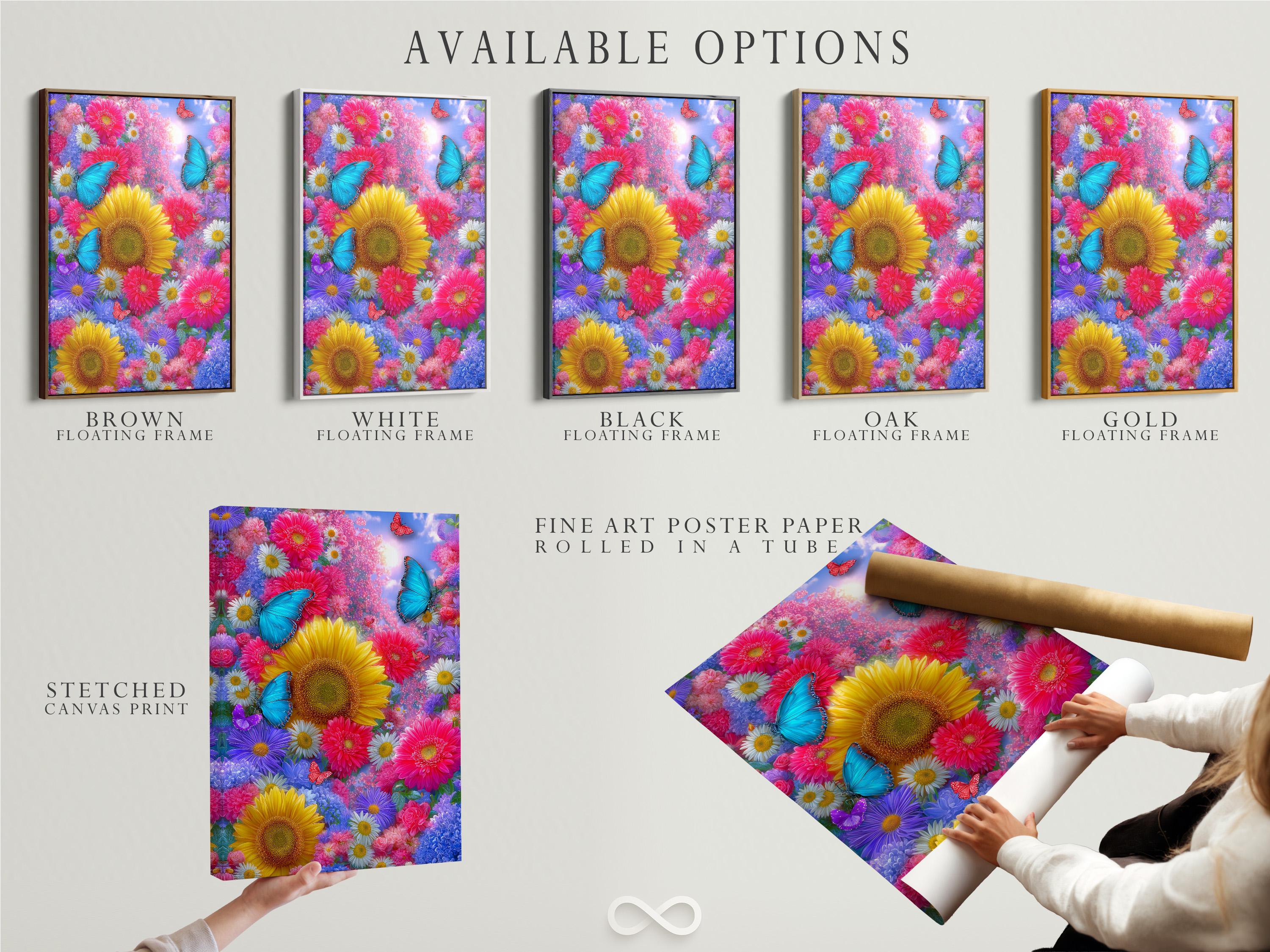 Framed butterfly and sunflower floral artwork mockup on a neutral background