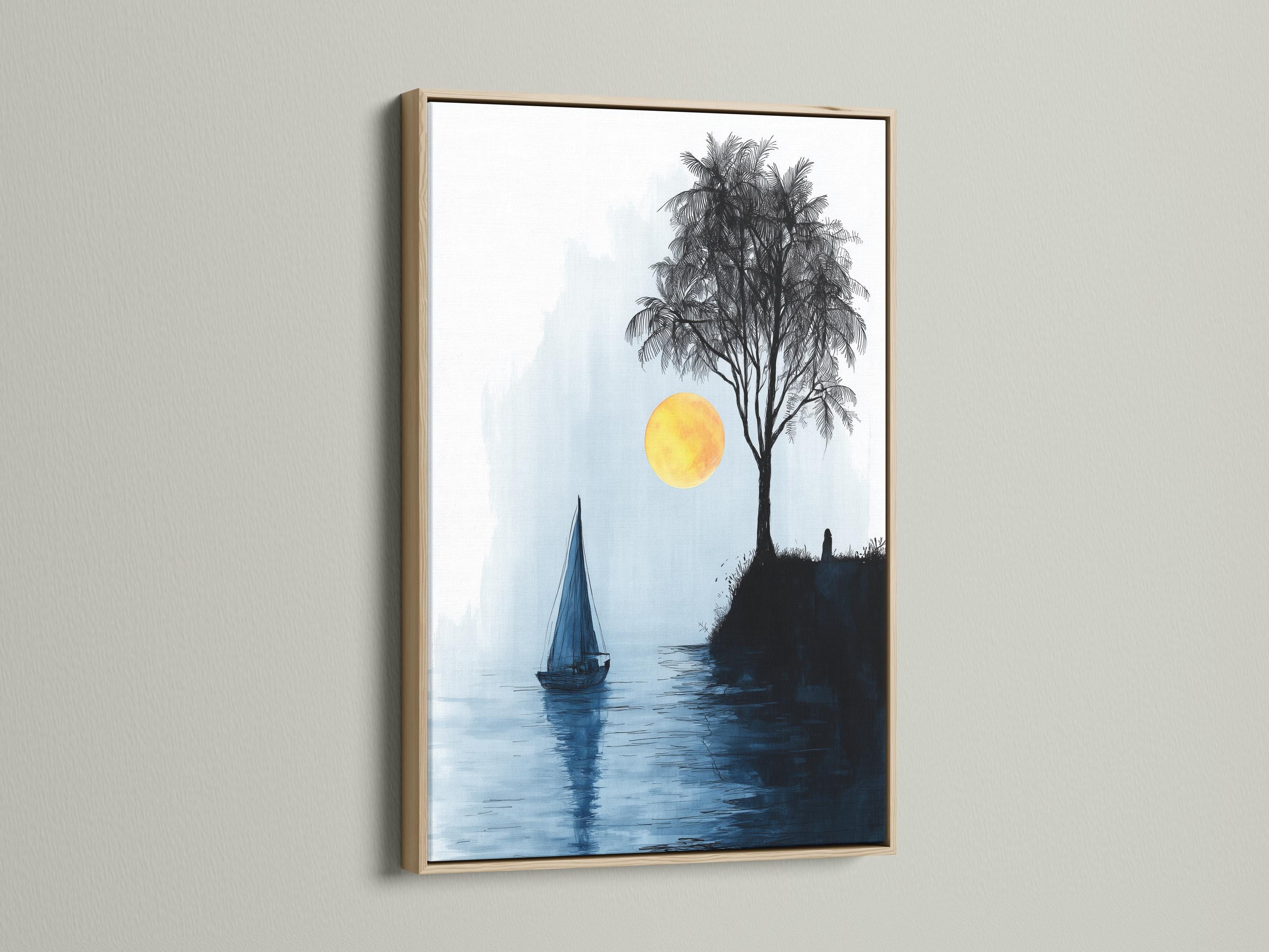 Minimalist seascape with a sailboat on blue water, a palm tree silhouette and a glowing yellow sun detail view