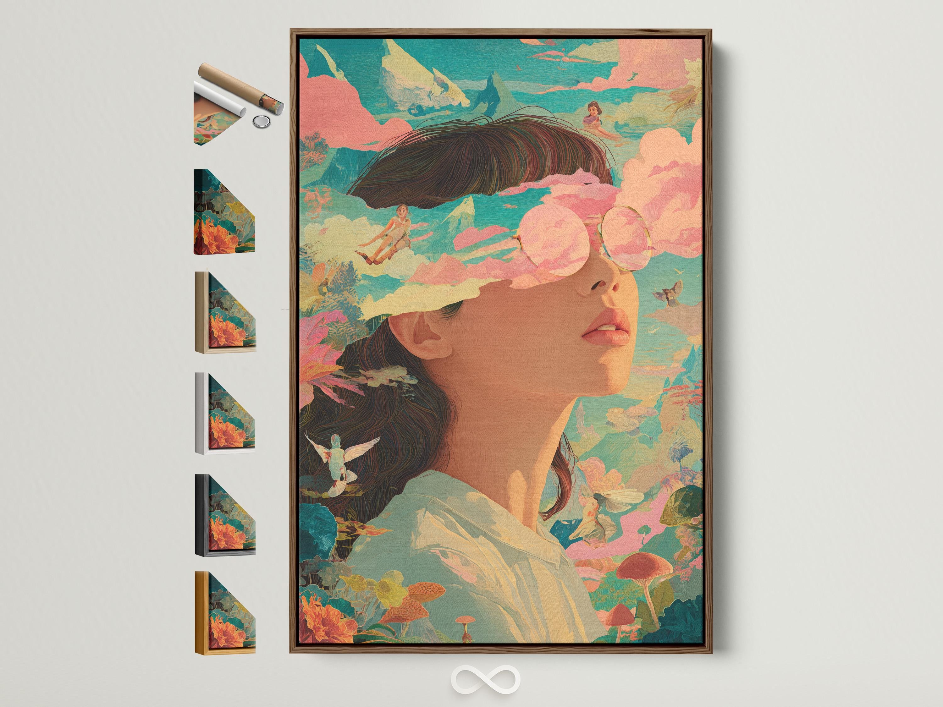 Surreal portrait of a woman with warm blush tones, clouds, foliage, and small birds