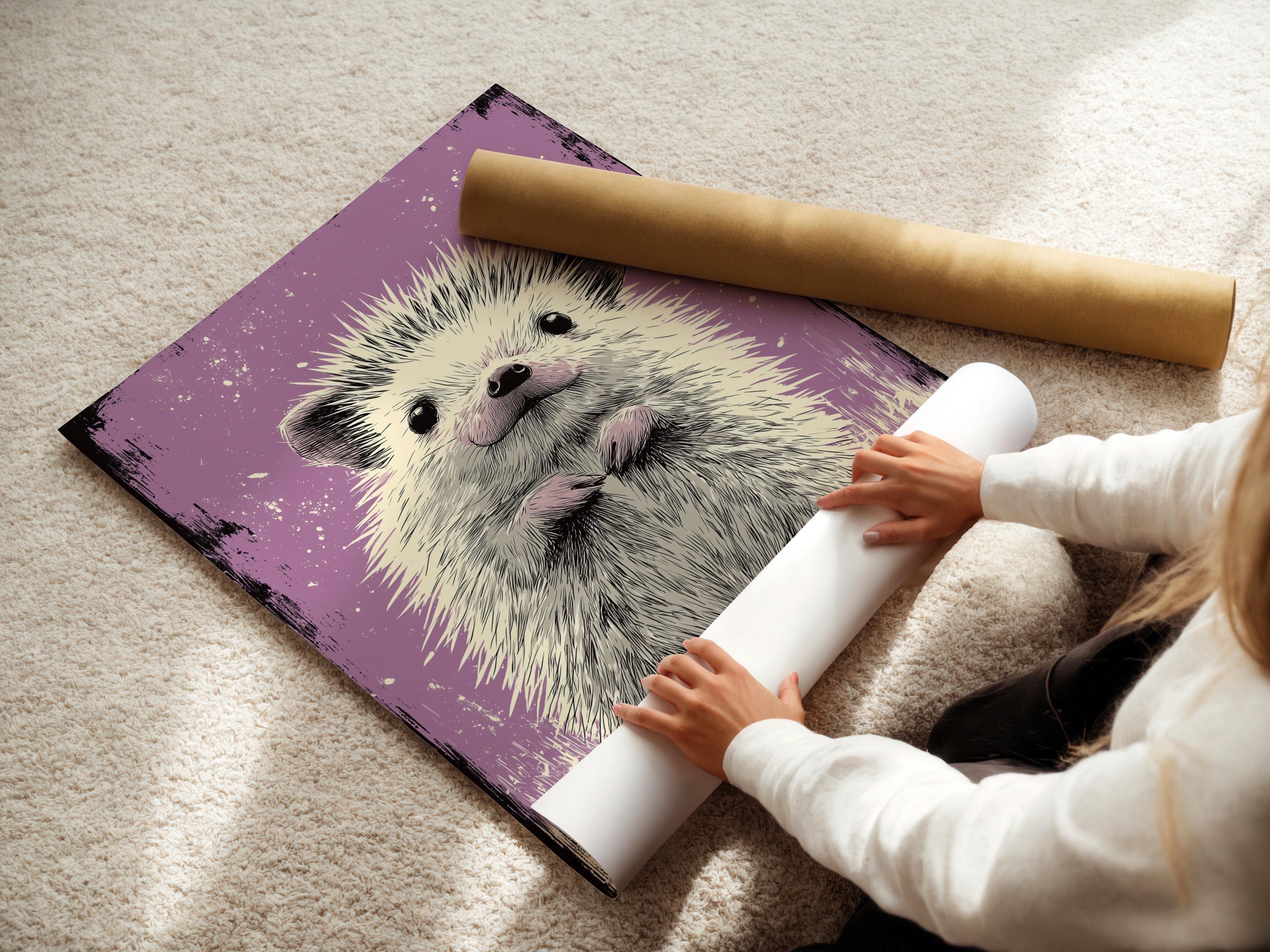 Hedgehog artwork shown in a framed wall mockup on a light background