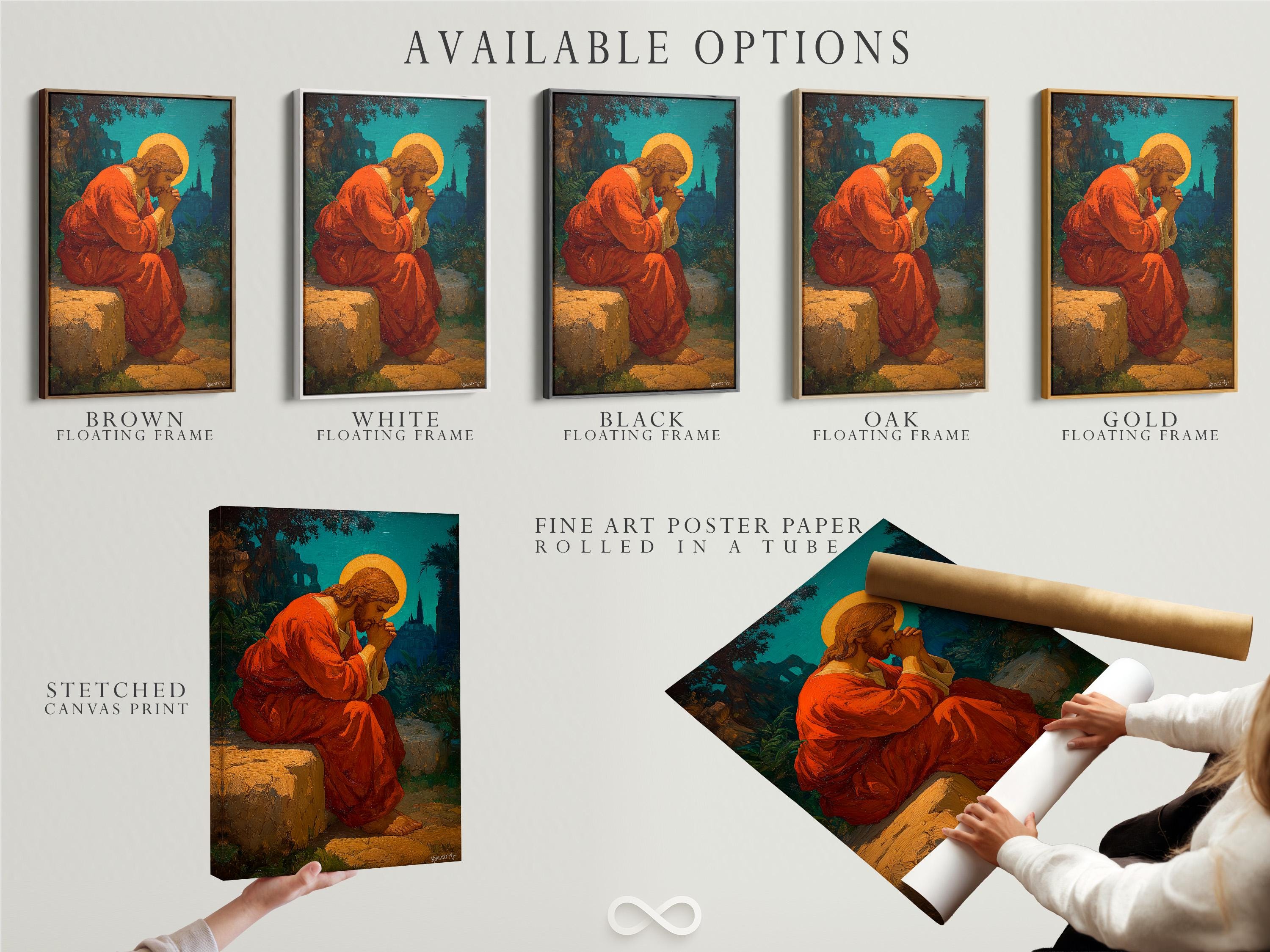 Praying figure with an orange halo, robed in red, against a teal landscape background detail view