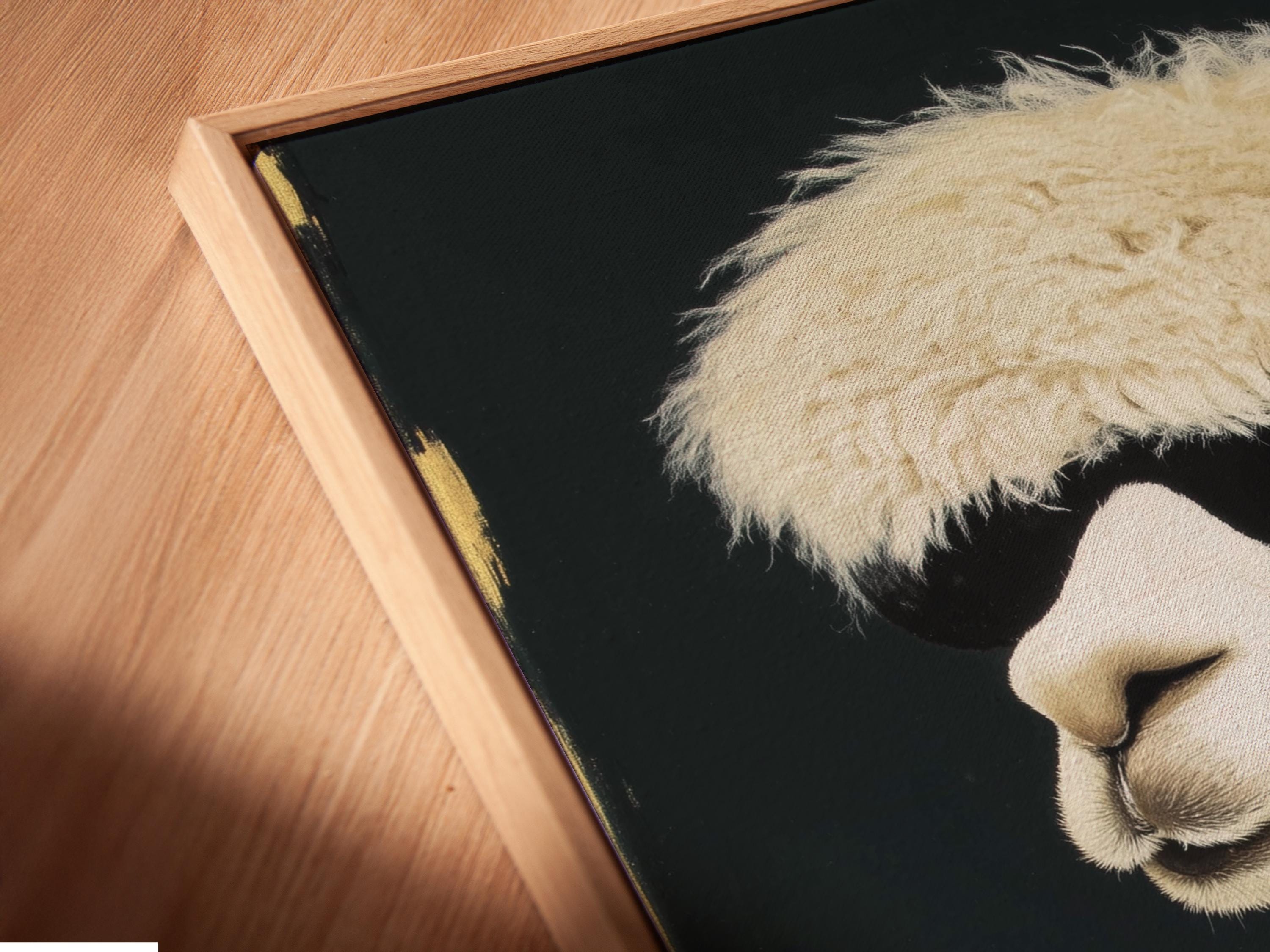 Room mockup showing a framed alpaca portrait artwork with cream fur and a dark suit