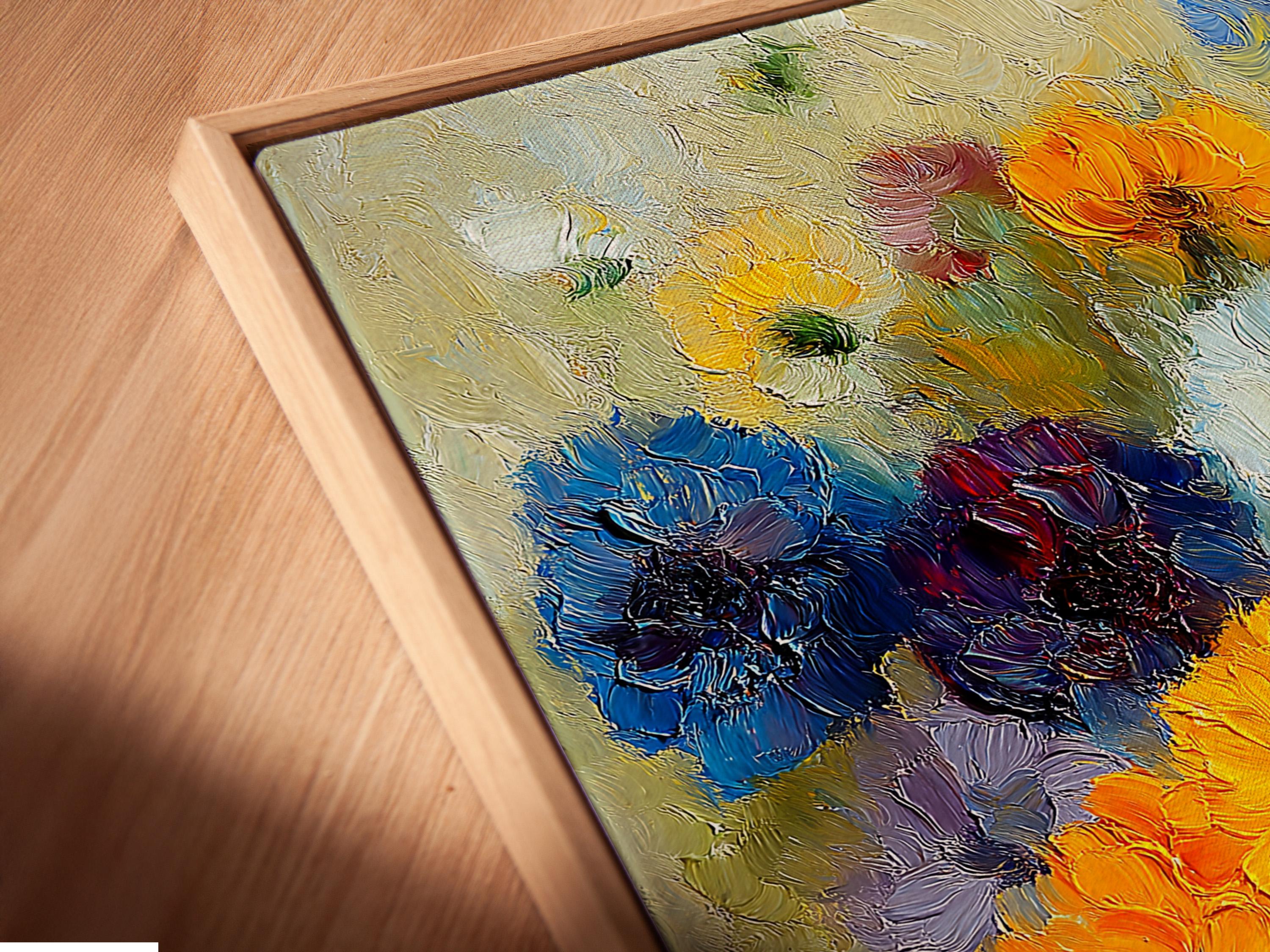 Painterly impressionist bouquet of multicoloured flowers on a creamy textured background detail view